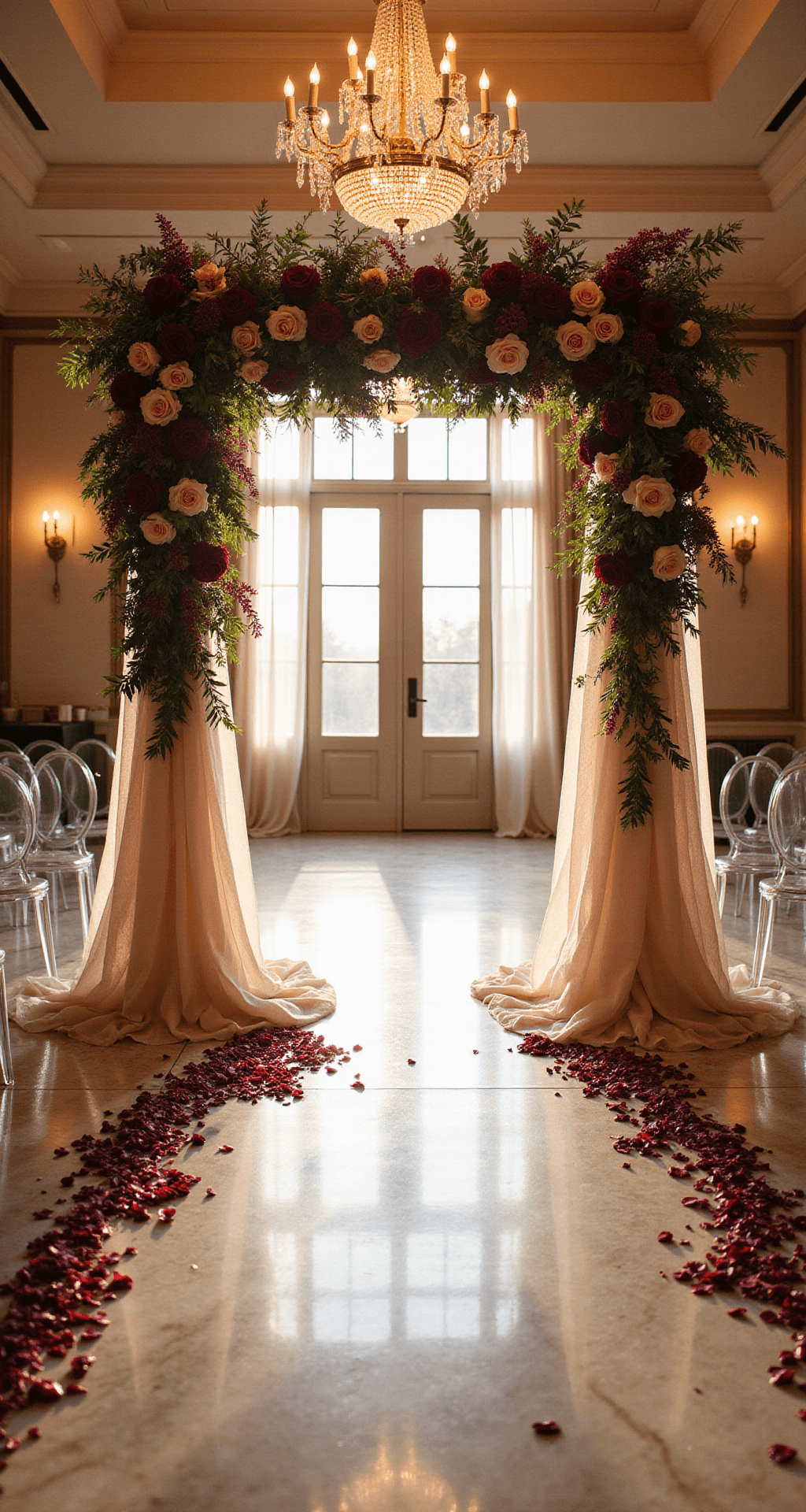 A magnificent indoor wedding ceremony in a ballroom at golden hour, featuring a tall burgundy and blush floral arch, illuminated by soft natural light from floor-to-ceiling windows. Crystal chandeliers shine over marble floors, while ghost chairs line a romantic aisle adorned with scattered burgundy petals.