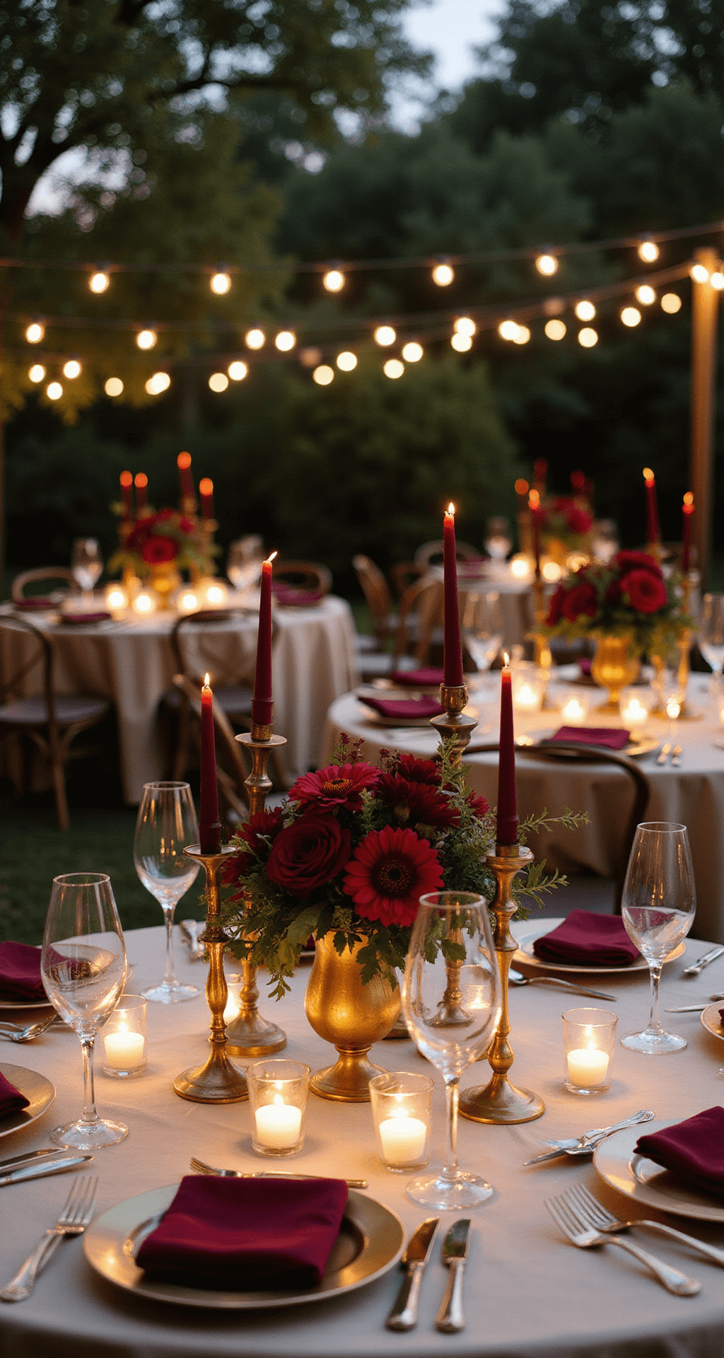 An intimate garden reception at dusk featuring round tables with ivory silk linens, tall glass centerpieces of burgundy dahlias and deep red roses, vintage brass candlesticks with burgundy taper candles, and glowing overhead string lights, with a 45-degree angle view of layered place settings with gold chargers and burgundy velvet napkins.