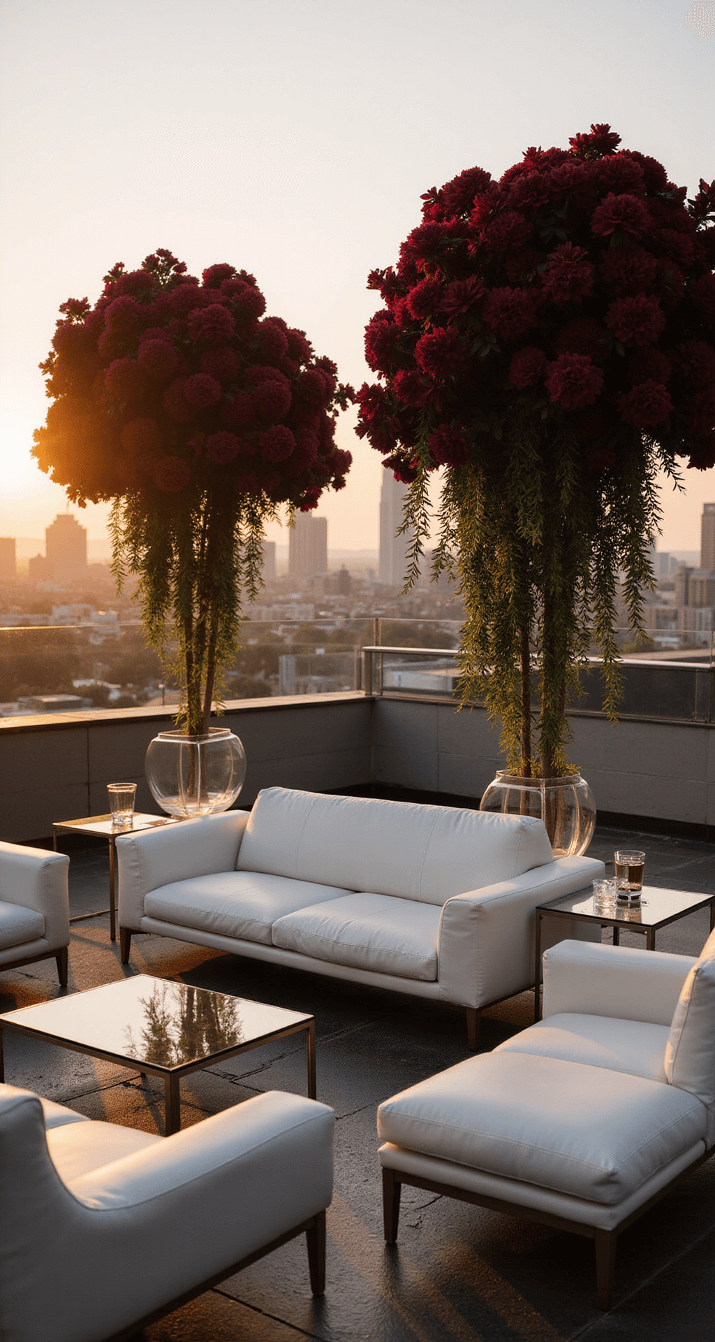 A modern rooftop wedding lounge at sunset featuring low-profile white leather seating, acrylic cocktail tables, and oversized burgundy floral installations. The city skyline is visible in the background through glass barriers, illuminated by golden light for a sophisticated ambiance.
