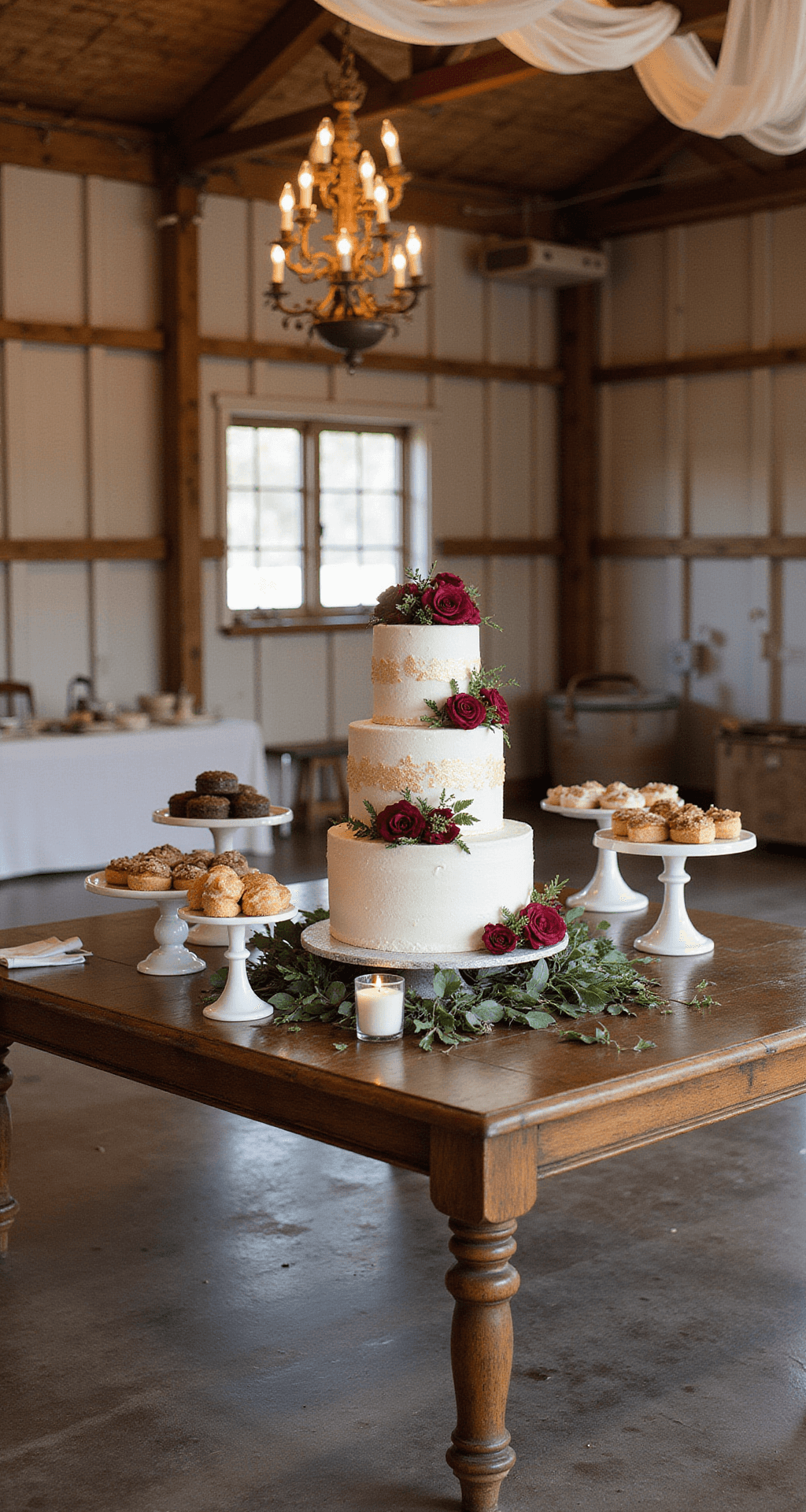 Rustic barn dessert display featuring a tiered wedding cake with burgundy flowers and gold leaf, surrounded by artisanal desserts on vintage cake stands, all set on a wooden farm table under draped fabric and vintage chandeliers, photographed in natural afternoon light.