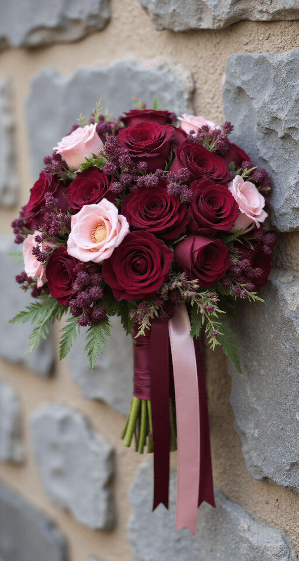 Close-up of a bridal bouquet featuring rich burgundy roses, deep red ranunculus, and hypericum berries against a textured stone wall, accented by hand-dyed silk ribbons in wine and blush tones, captured in macro photography to reveal intricate petal textures and dewdrops, enhanced by natural side lighting.