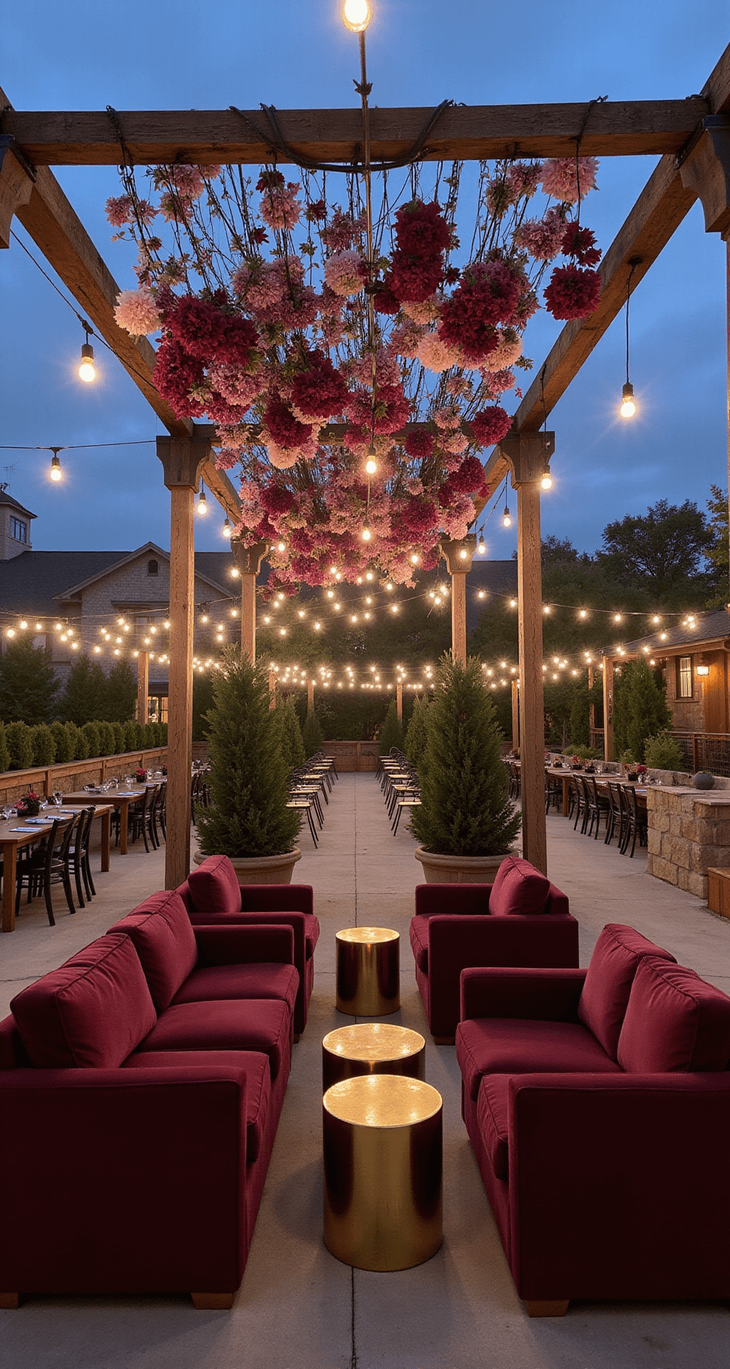 Outdoor cocktail hour setup at blue hour featuring burgundy velvet lounge furniture around brass side tables, with a hanging installation of burgundy and blush flowers from a rustic wooden frame, illuminated by market lights against a deepening sky.