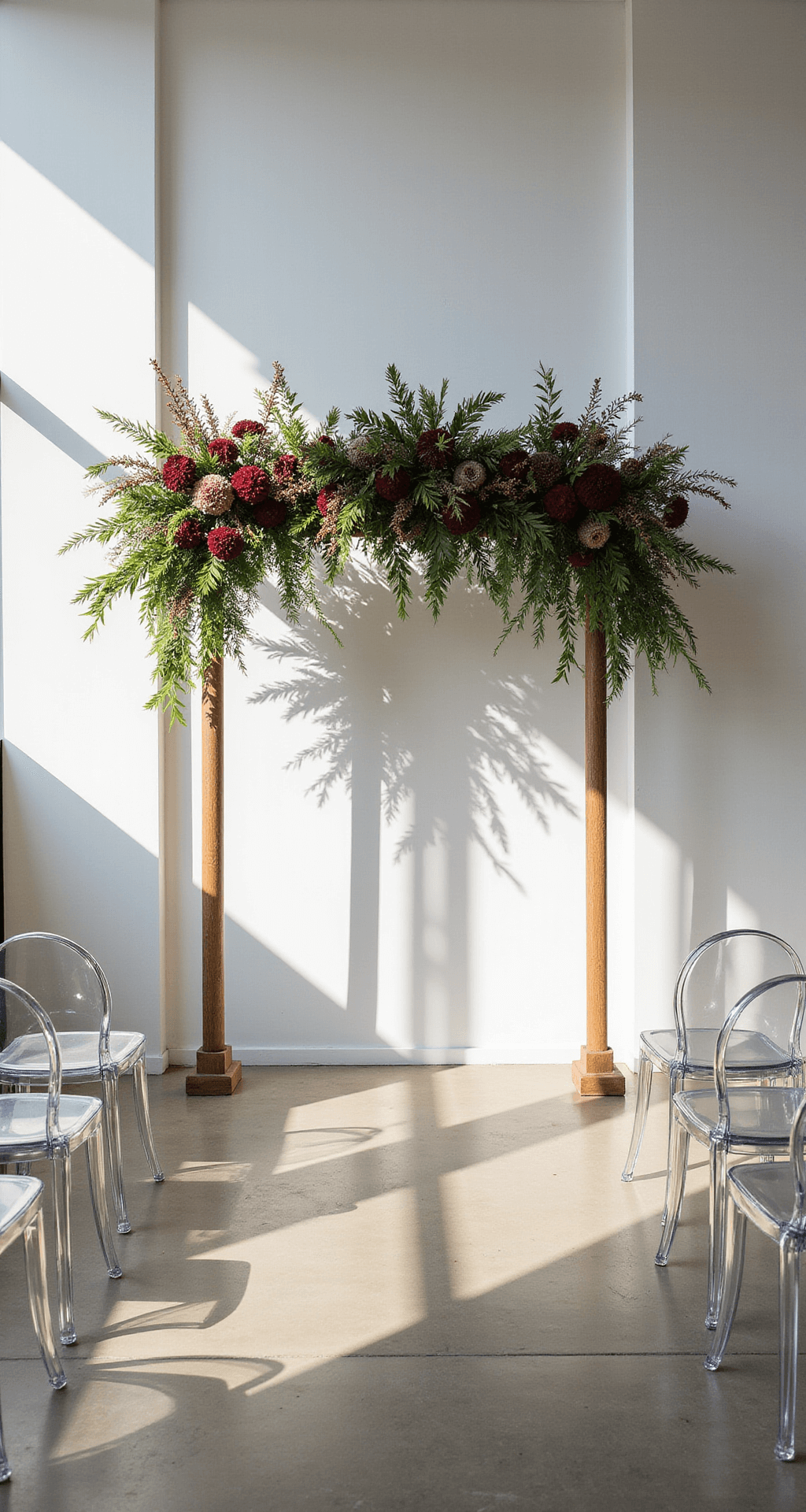 A contemporary ceremony backdrop featuring an asymmetrical floral installation with burgundy blooms and lush greenery against a clean white wall, with ghost chairs arranged in a semi-circle and dramatic shadows from architectural windows creating geometric patterns.