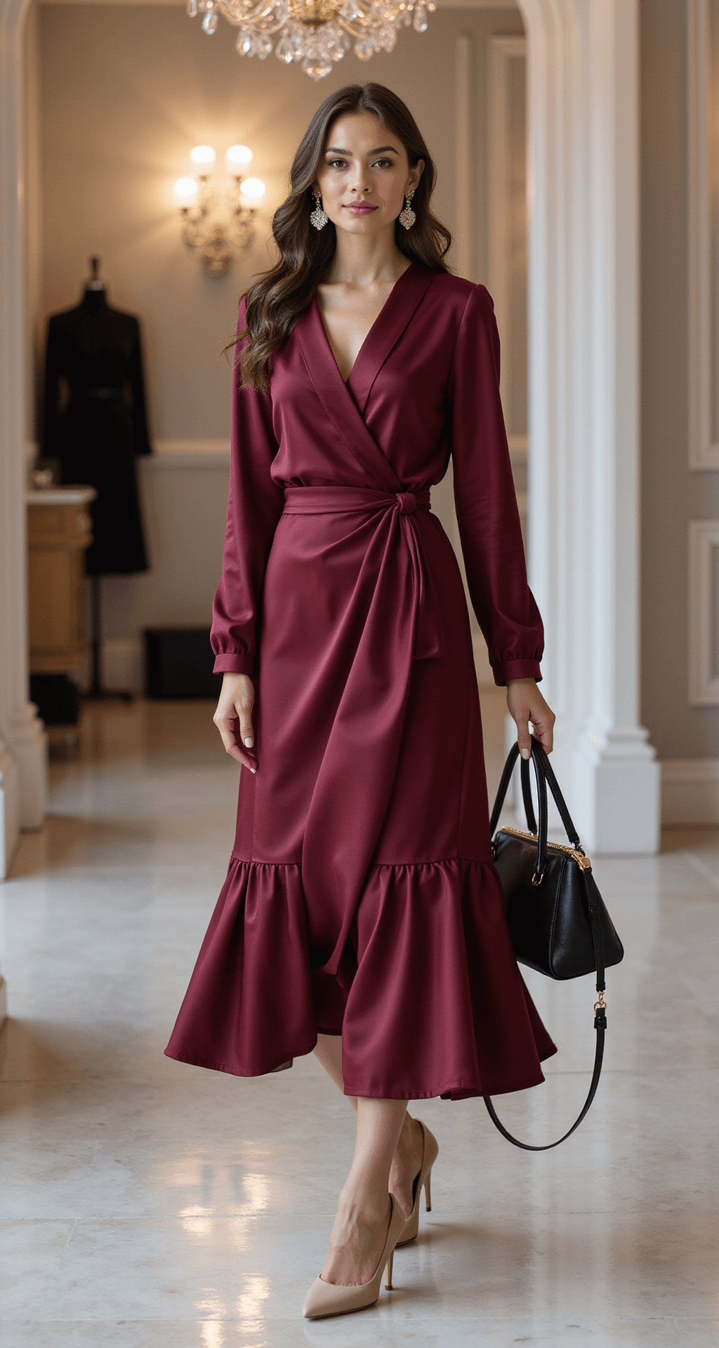 Winter Wedding Guest Fashion: Your Ultimate Guide to Looking Fabulous (While Staying Cozy!) An upscale boutique dressing room features a model in a burgundy satin wrap dress with long sleeves and subtle shimmer, showcasing sophisticated draping and a midi hem. The setting includes marble floors, a crystal chandelier, nude closed-toe pumps, pearl drop earrings, and an elegant black leather handbag in the corner, captured from a three-quarter angle to emphasize the dress's movement.