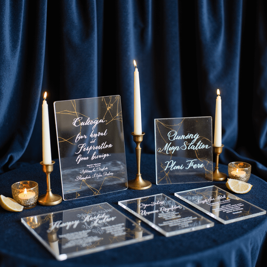 Ultimate Guide to Luxury Wedding Invitations: Making Your First Impression Unforgettable Acrylic wedding invitations with white calligraphy and gold details on a deep navy velvet backdrop with brass candle holders.