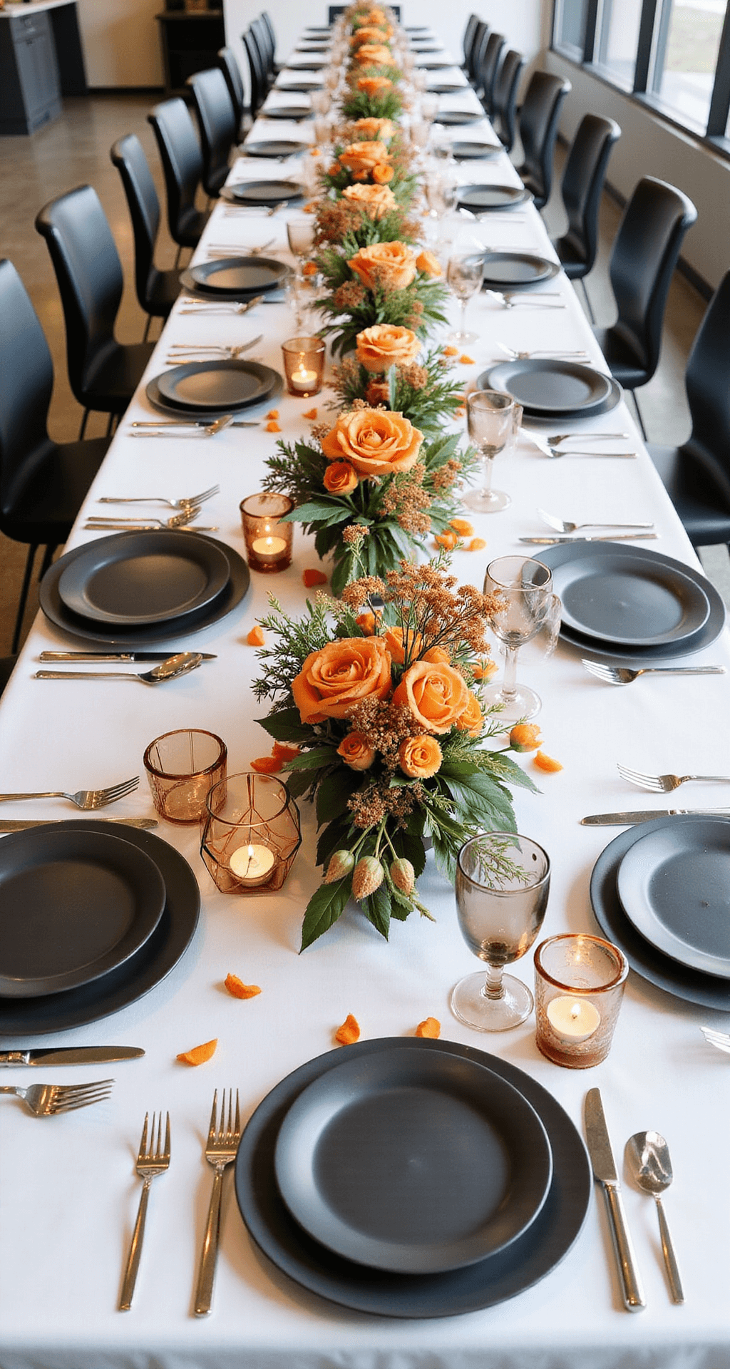 Orange Wedding Flowers: Your Ultimate Guide to Vibrant Nuptial Blooms An overhead view of a modern minimalist reception table featuring a low-profile floral centerpiece of orange alstroemeria, peach garden roses, and billy balls on white linens, with matte black chargers, copper cutlery, and smoke-gray glassware, enhanced by geometric copper votives and scattered orange petals, all illuminated by natural light from large windows.