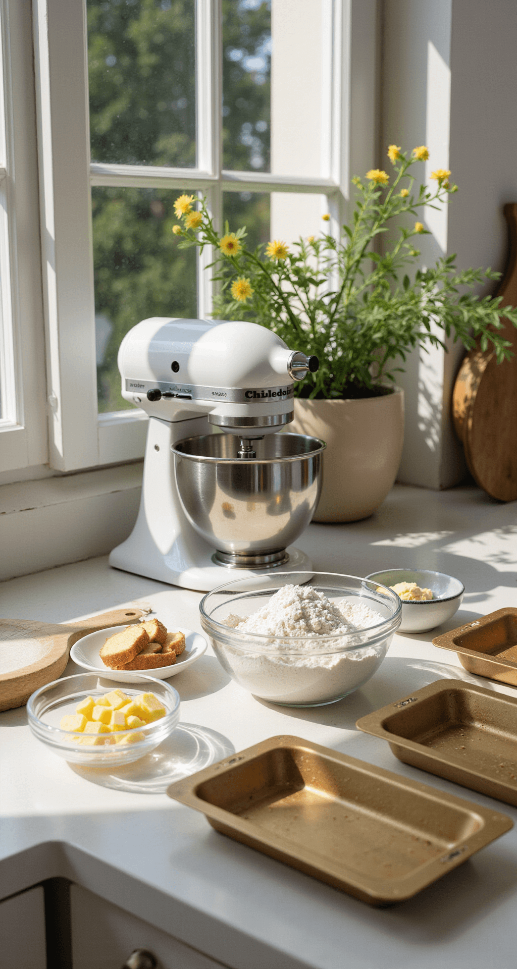 A sunlit kitchen counter featuring a professional stand mixer surrounded by glass bowls of measured ingredients, sifted flour, and butter, with fresh edible flowers and golden cake pans creating a beautiful baking scene.