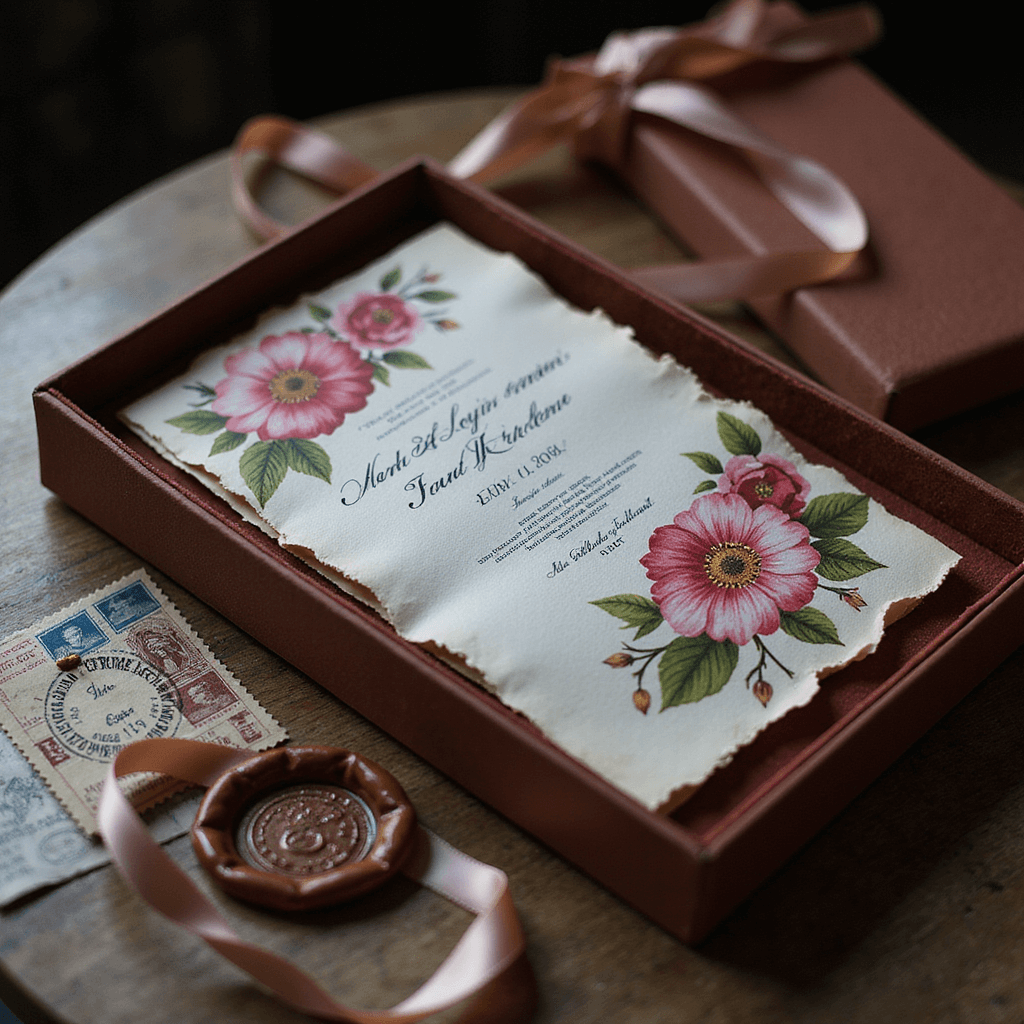 Ultimate Guide to Luxury Wedding Invitations: Making Your First Impression Unforgettable A luxurious tabletop display showcasing boxed invitations in velvet-lined cases, featuring hand-painted floral designs on handmade paper with deckled edges, surrounded by silk ribbons, vintage postage stamps, and a rose gold wax seal, illuminated by moody lighting.