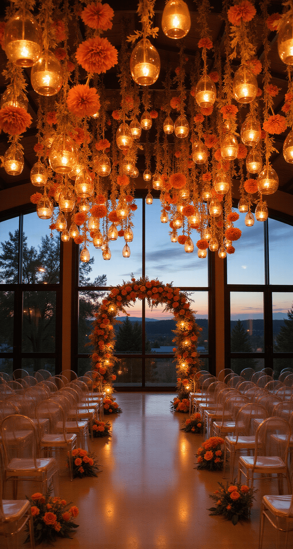 Orange Wedding Flowers: Your Ultimate Guide to Vibrant Nuptial Blooms An intimate indoor ceremony space at dusk, featuring suspended orange floral installations and hundreds of amber glass votives illuminating clusters of orange carnations and roses. Below, ghost chairs form a semicircle around a copper arch draped with fresh orange blooms, complemented by warm uplighting casting a golden glow.