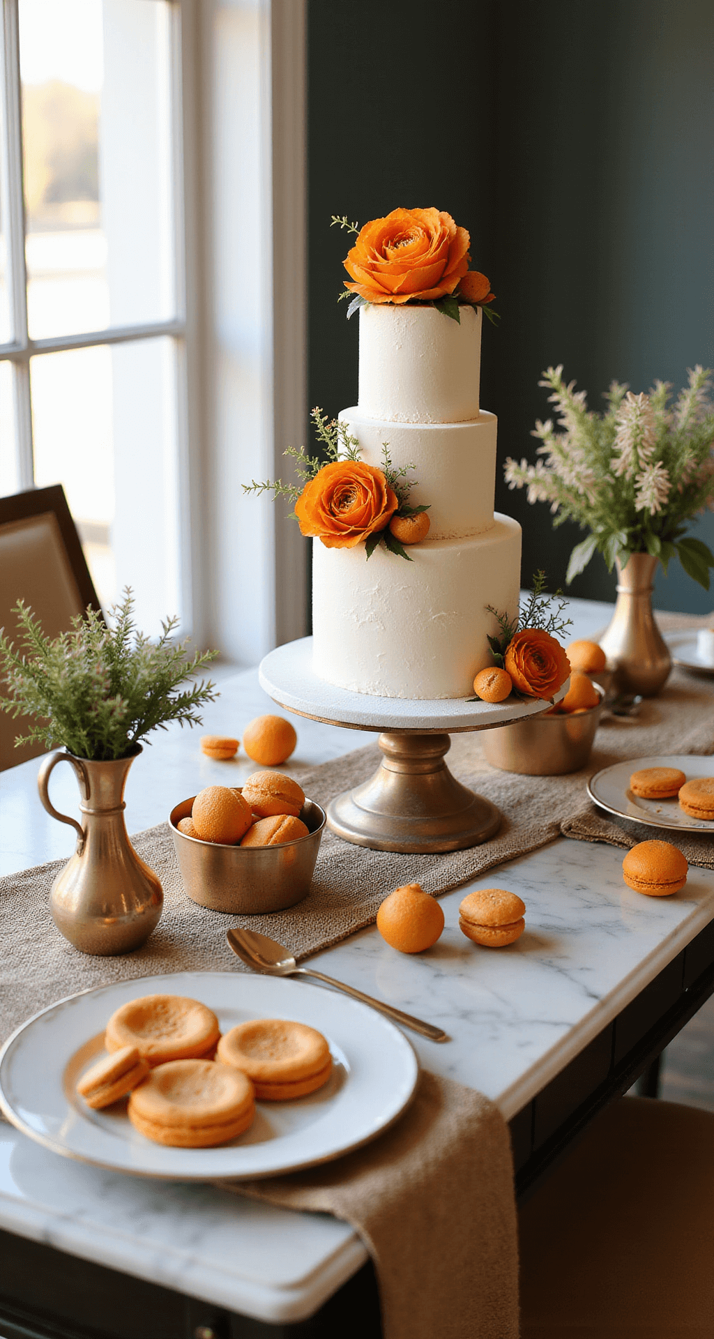 Orange Wedding Flowers: Your Ultimate Guide to Vibrant Nuptial Blooms A beautifully styled dessert table featuring a three-tier white cake decorated with fresh orange spray roses and gold-painted billy balls, surrounded by bud vases with proteas, vintage copper compotes holding orange macarons and petit fours, all set on a marble console with textured metallic linens, illuminated by natural window light.