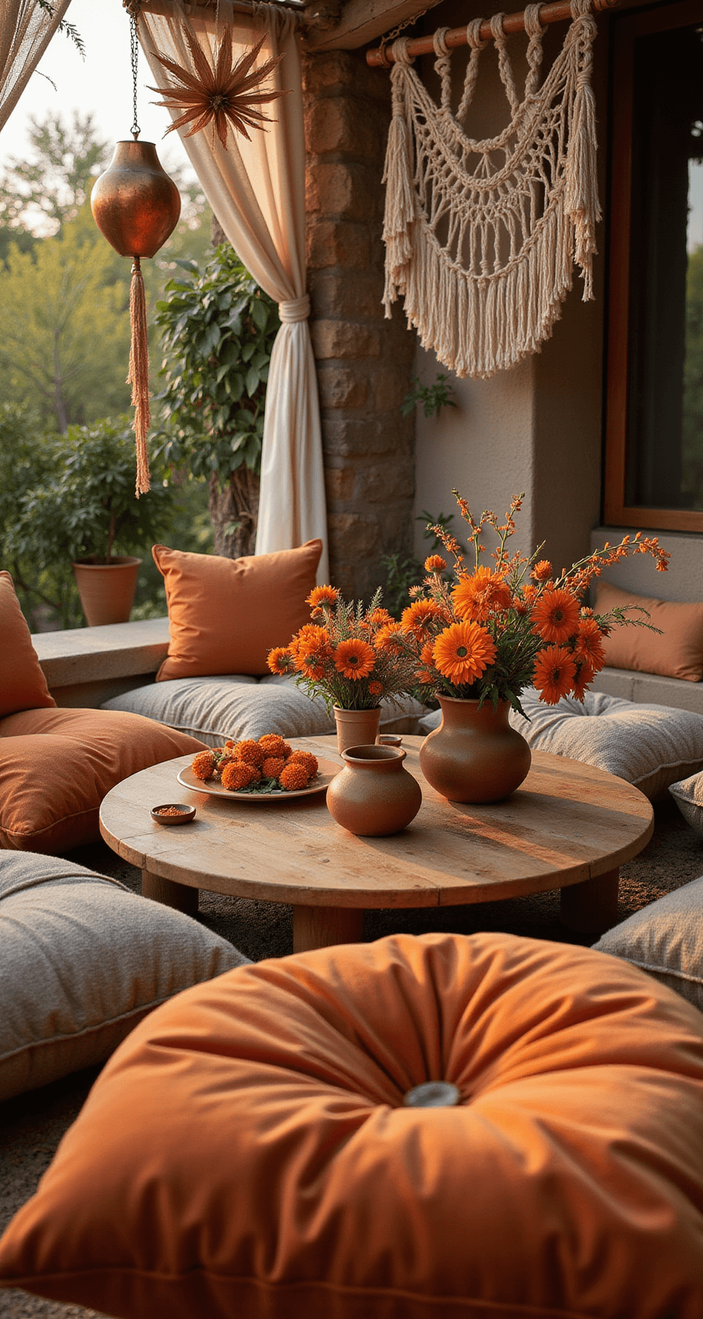 Orange Wedding Flowers: Your Ultimate Guide to Vibrant Nuptial Blooms A cozy bohemian lounge area with rust velvet floor cushions, low wooden tables adorned with orange floral arrangements in pottery, macramé hangings with dried flowers, and copper lanterns, all beautifully lit by golden hour sunlight.