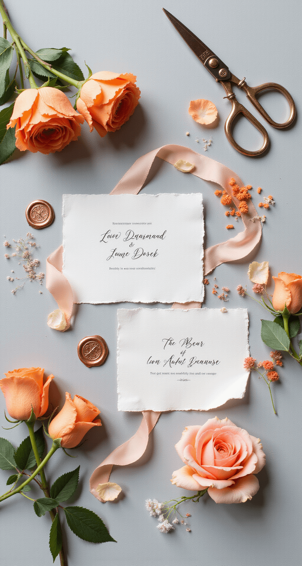 Orange Wedding Flowers: Your Ultimate Guide to Vibrant Nuptial Blooms Flat lay of wedding stationery with orange garden roses, scattered petals, copper wax seals, silk ribbons, and hand-torn paper on a pale gray surface, enhanced by vintage scissors and orange flower stems, all illuminated to highlight intricate details.