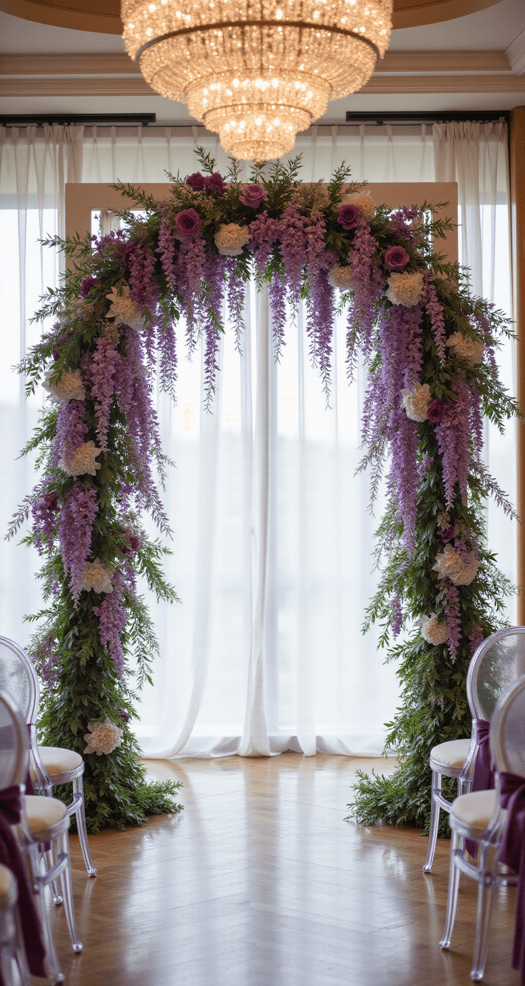 A wide-angle view of a grand ballroom ceremony arch adorned with cascading purple orchids and wisteria, set against a white architectural frame.
