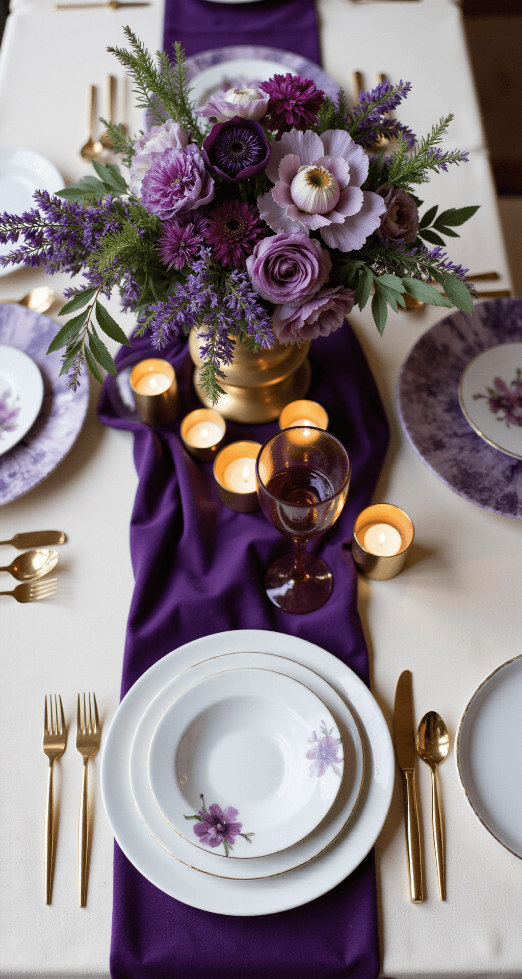Overhead view of a luxurious reception table set with a hand-painted purple marble charger, white bone china, modern gold cutlery, and amethyst crystal wine glasses.