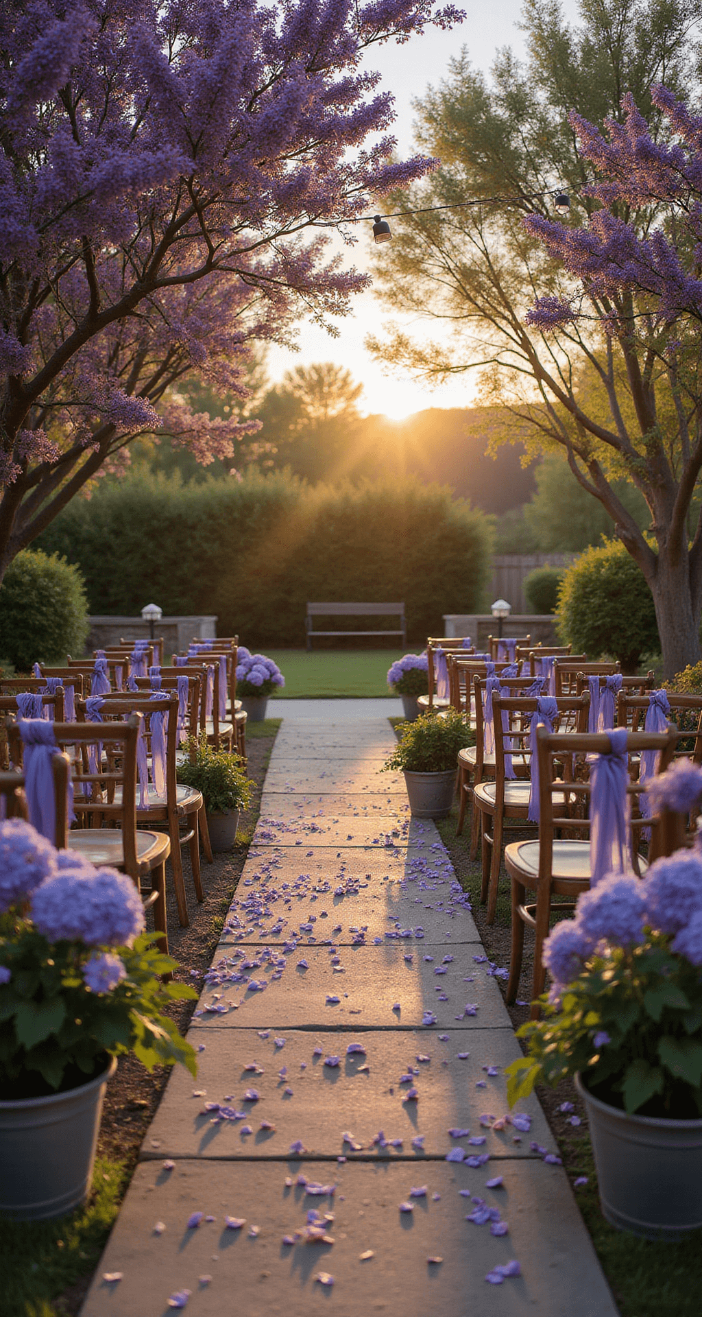 Intimate garden ceremony at sunset with a stone pathway leading to curved seating under purple jacaranda trees.