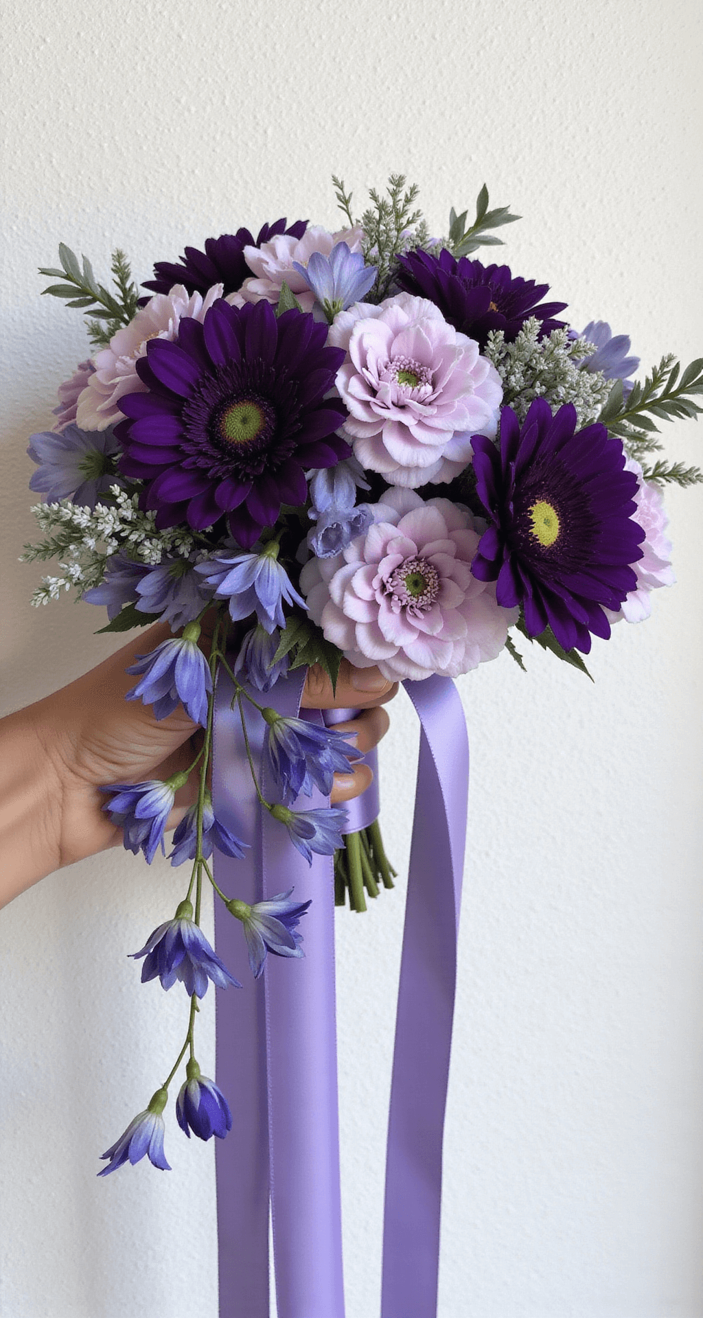Close-up of an asymmetrical bridal bouquet featuring royal purple lisianthus, aubergine dahlias, and pale lilac sweet peas against a textured white wall.