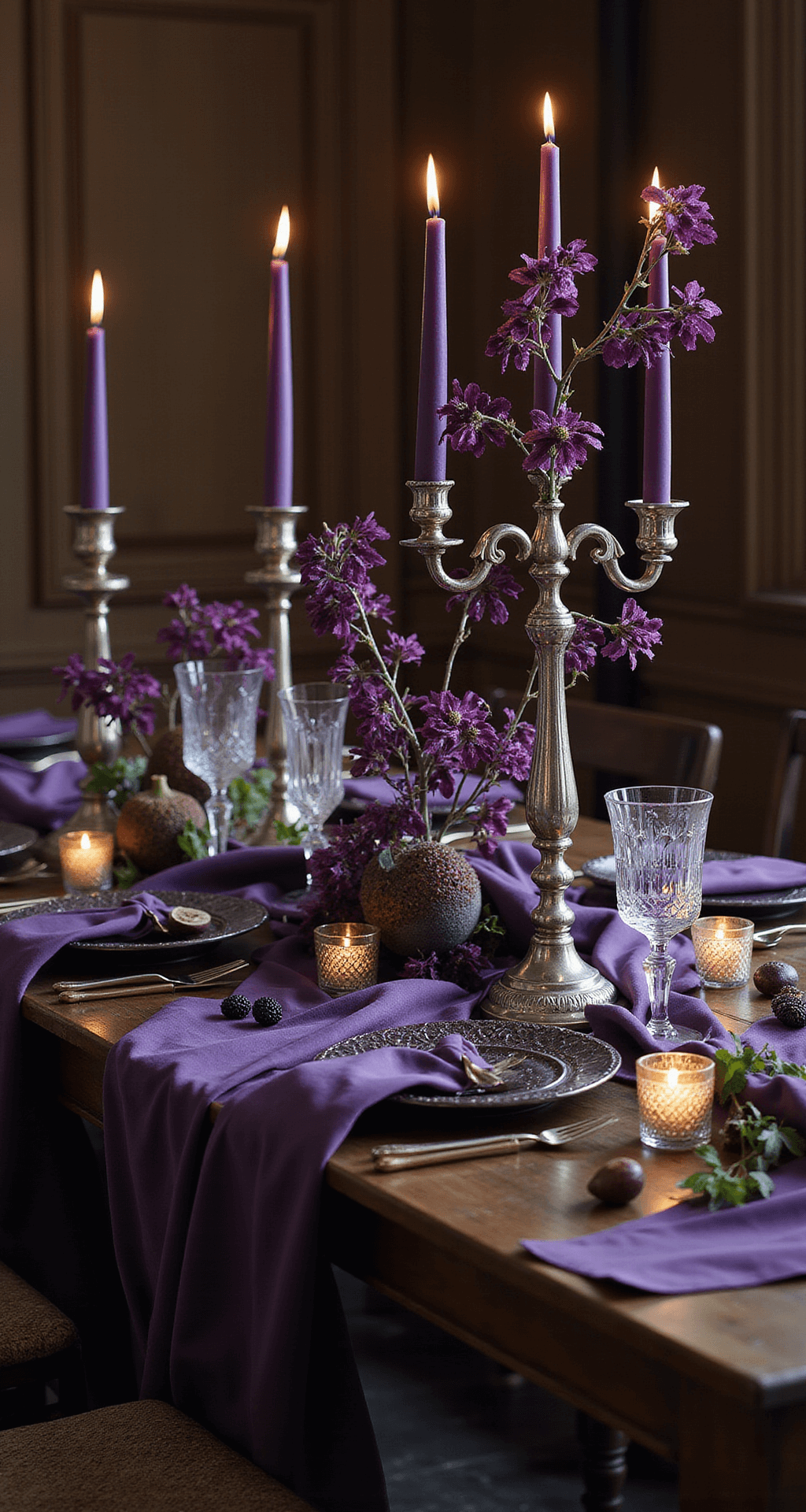 A moody evening reception table featuring a dark wooden harvest table with deep purple velvet linens, tall silver candelabras adorned with purple clematis and passion vine.