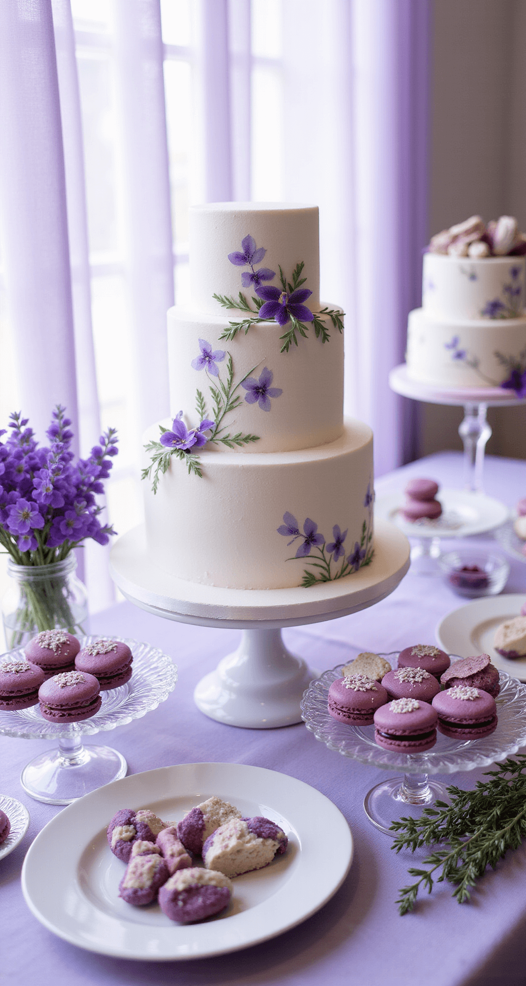 A dessert display table featuring a four-tier white cake with hand-painted purple florals, surrounded by purple macarons and petit fours on crystal cake stands.