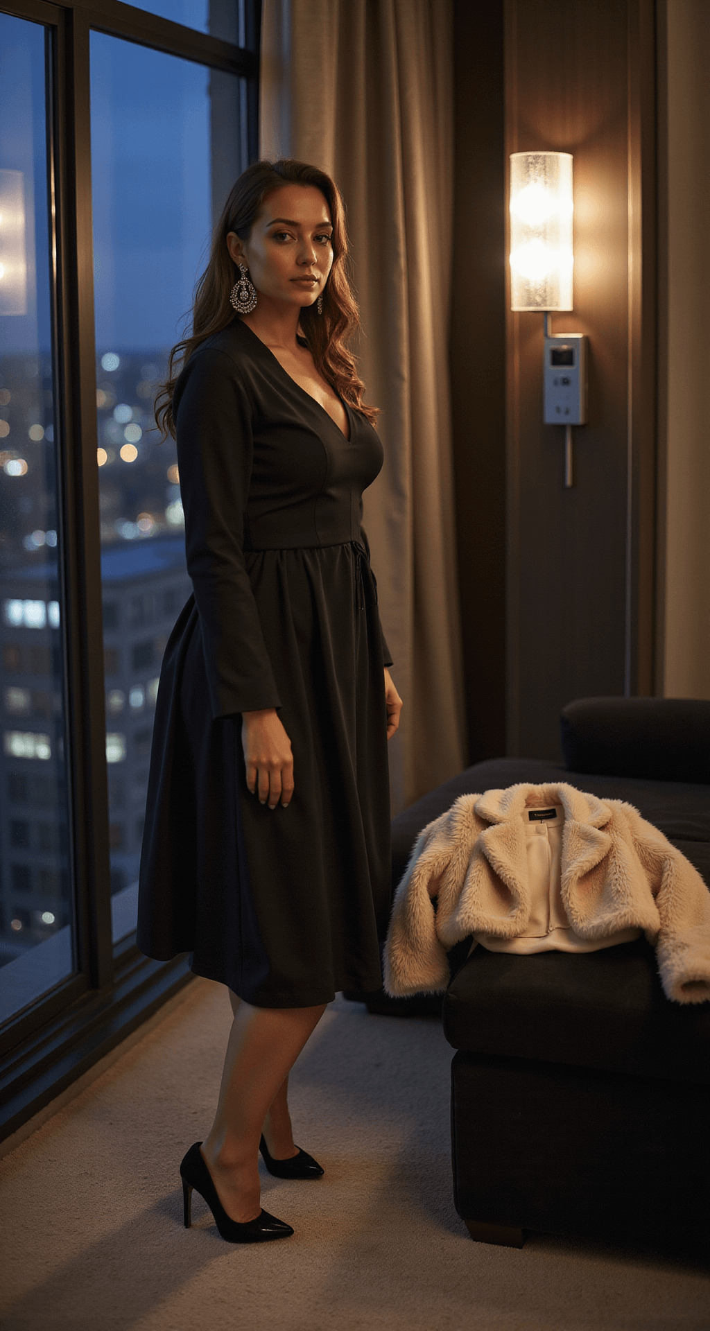 Winter Wedding Guest Fashion: Your Ultimate Guide to Looking Fabulous (While Staying Cozy!) A modern penthouse dressing room at dusk, featuring a model in a black heavy crepe midi dress with long sleeves and subtle ruching. A cream cropped faux fur jacket rests on a velvet ottoman, while statement crystal earrings sparkle in the soft light from contemporary sconces, with city lights twinkling through floor-to-ceiling windows.