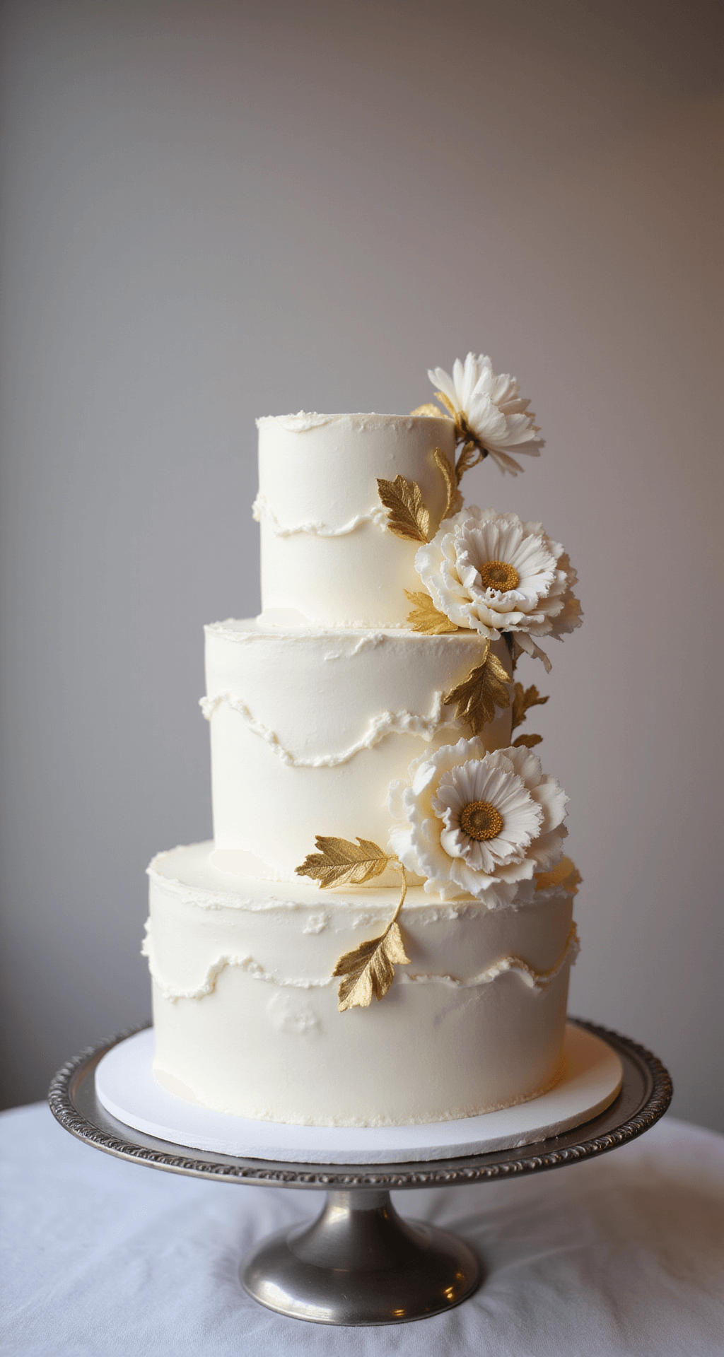 Three-tiered anniversary cake with white buttercream frosting, edible flowers, and gold leaf accents on a silver stand, surrounded by a soft-focus backdrop and warm lighting.