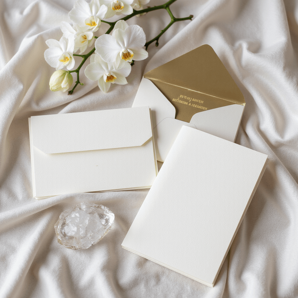Ultimate Guide to Luxury Wedding Invitations: Making Your First Impression Unforgettable Modern minimalist wedding stationery on silk fabric with orchids and crystal accents in natural daylight.