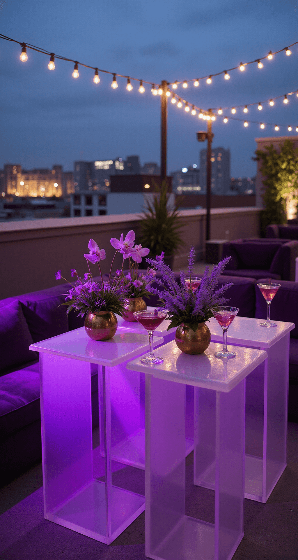 Cinematic twilight rooftop scene featuring a stylish cocktail setup with modern lucite high-top tables adorned with purple allium, iris, and thistle in gold geometric vessels.