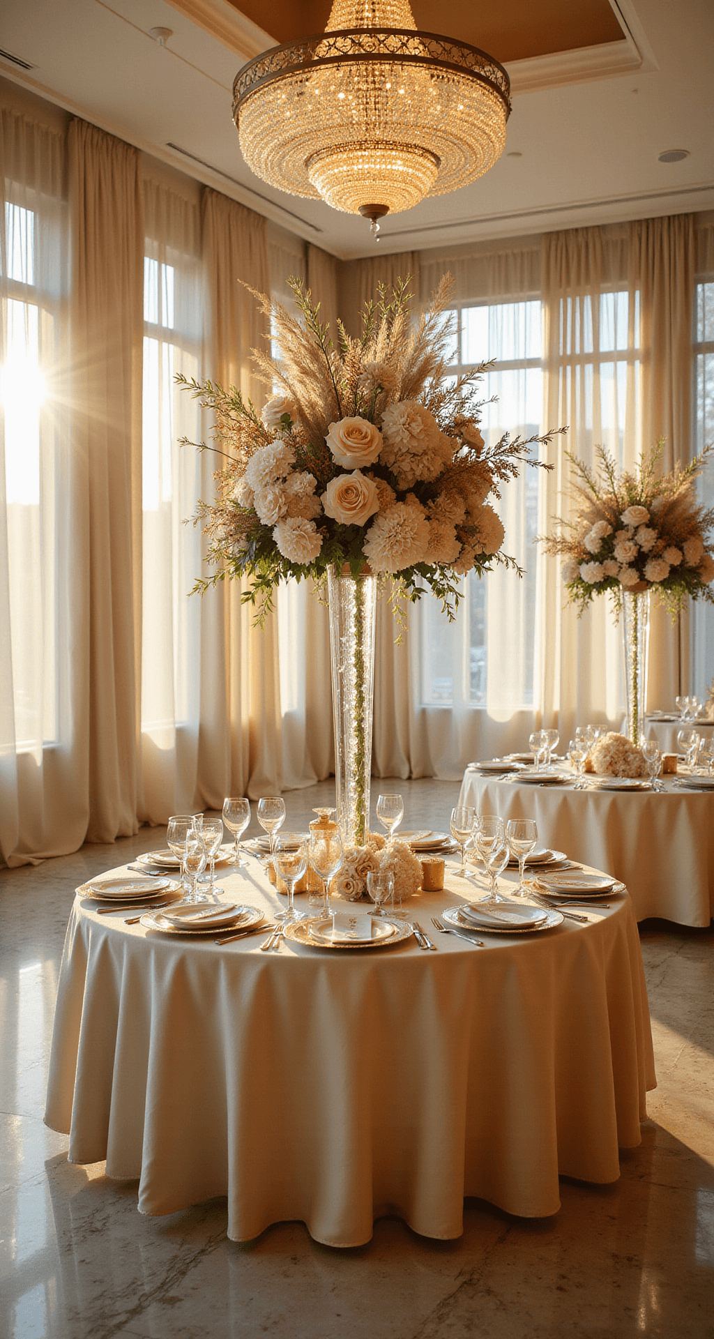 A luxurious hotel ballroom during golden hour, featuring round tables with tall neutral floral arrangements, cream silk linens, and crystal chandeliers casting a warm glow over elegant place settings. Sheer ivory drapery frames large windows, enhancing the grandeur of the space.