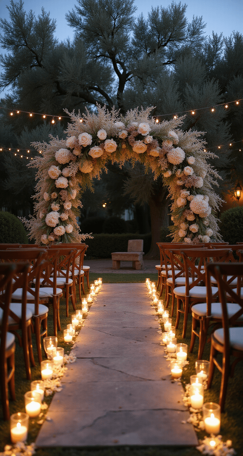 An intimate garden ceremony setup at dusk featuring a floral arch of white delphinium, cream roses, and dried pampas grass, surrounded by olive trees, with vintage wooden chairs lining a stone aisle illuminated by votives and fairy lights.