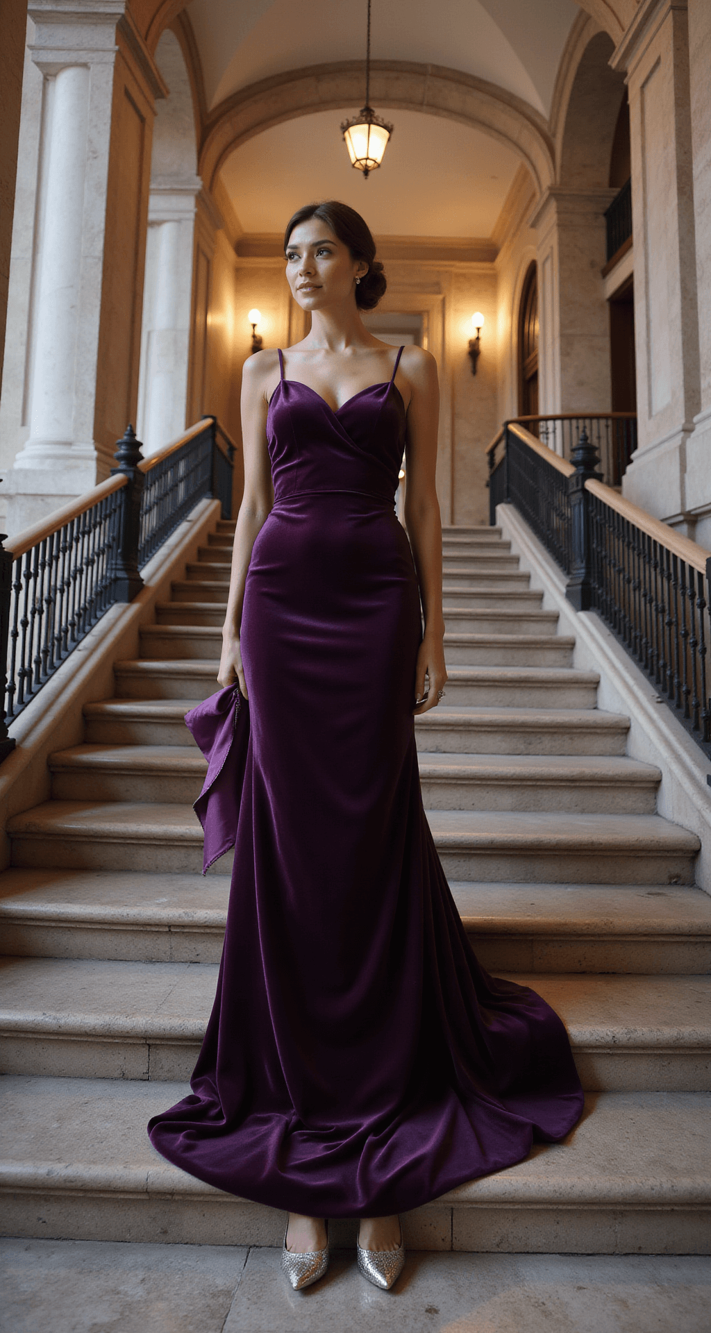 Winter Wedding Guest Fashion: Your Ultimate Guide to Looking Fabulous (While Staying Cozy!) A woman in a deep purple velvet gown gracefully descends a grand marble staircase in a luxurious hotel lobby, featuring elegant archways and columns. Her metallic silver pumps are visible with each step, and a silk wrap is draped across her arms. Soft overhead lighting casts dramatic shadows in the wide-angle architectural shot.