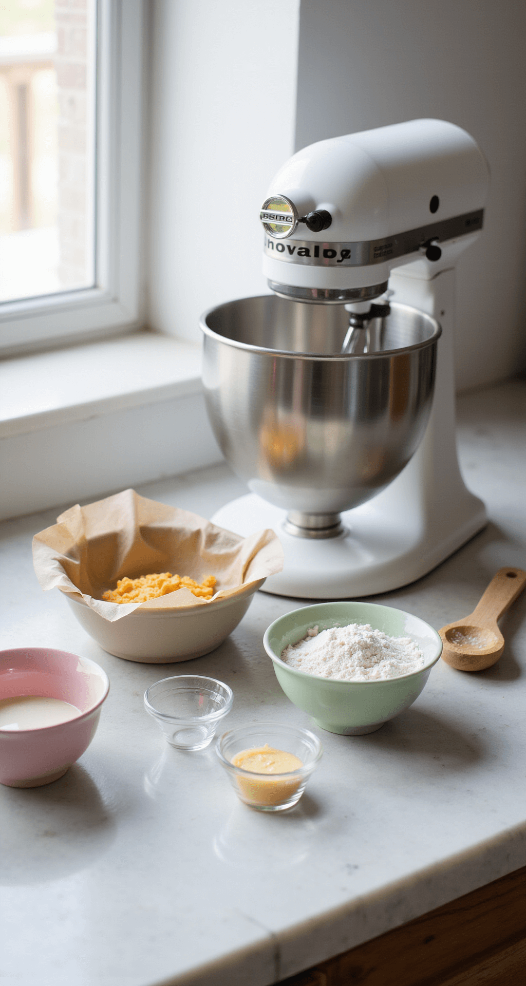 A serene baking station in a pristine kitchen, featuring a professional stand mixer, pastel bowls of ingredients, sifted cake flour, gleaming egg whites in glass bowls, and neatly arranged measuring tools on a marble countertop.