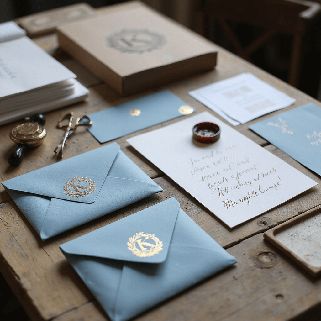 Ultimate Guide to Luxury Wedding Invitations: Making Your First Impression Unforgettable A cozy, artisanal workspace with custom monogrammed invitations in progress, featuring hand-calligraphed dusty blue envelopes, gold foil stamps, luxury paper layers, sealing wax, vintage scissors, and calligraphy pens in morning light.