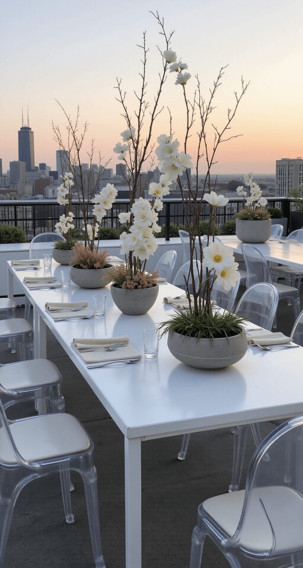 A modern rooftop venue at sunset featuring minimalist styling, with white metal tables displaying ikebana-inspired floral arrangements of white snapdragons and bleached branches in concrete vessels, surrounded by ghost chairs and cream linen napkins, against a dusky pink sky and a dramatic city skyline.