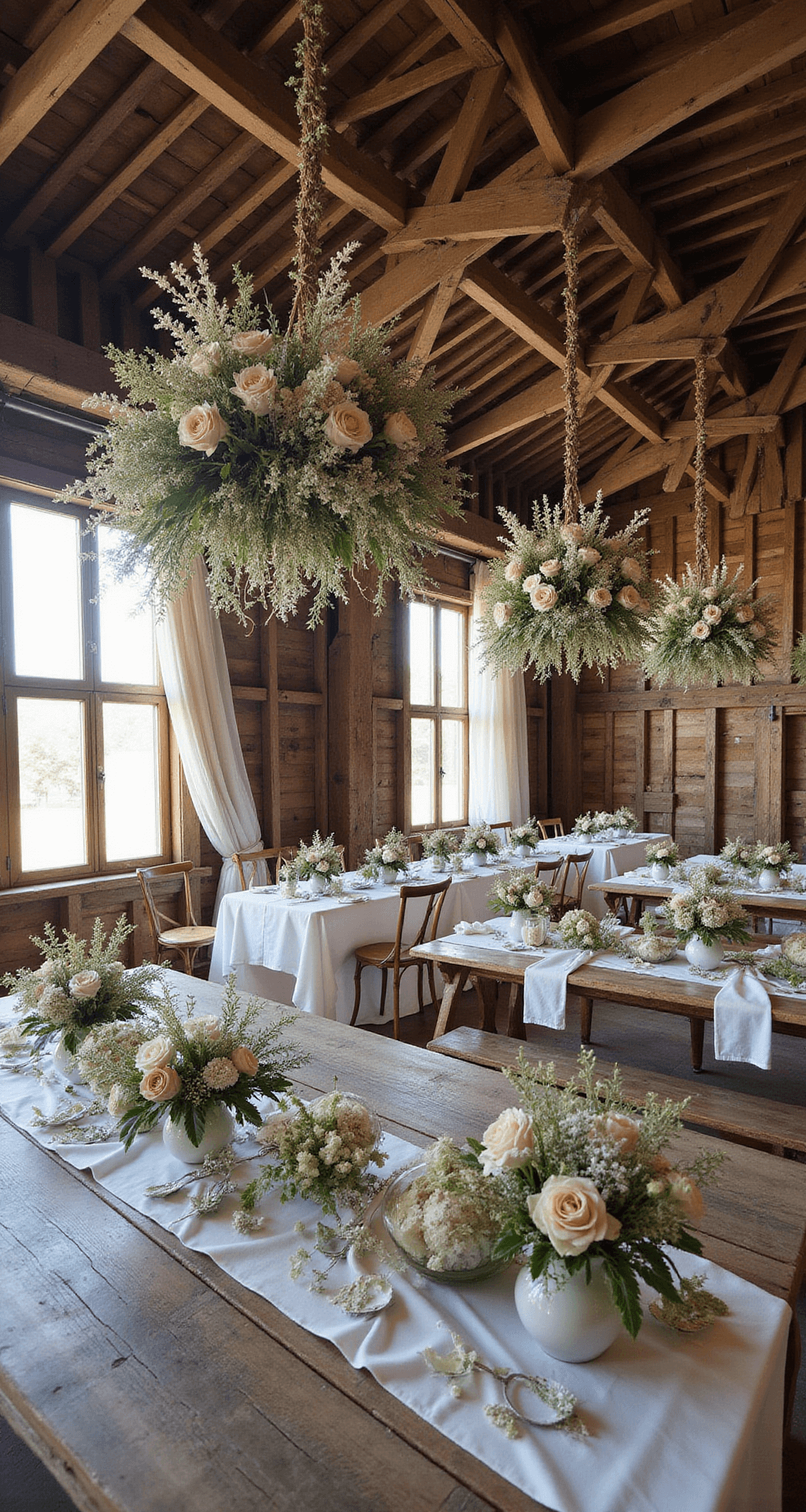 A rustic barn featuring suspended floral installations of baby's breath and dried flowers above long farm tables, with weathered wood surfaces, vintage milk glass vessels, and gauzy fabric draped from exposed beams, illuminated by natural light.