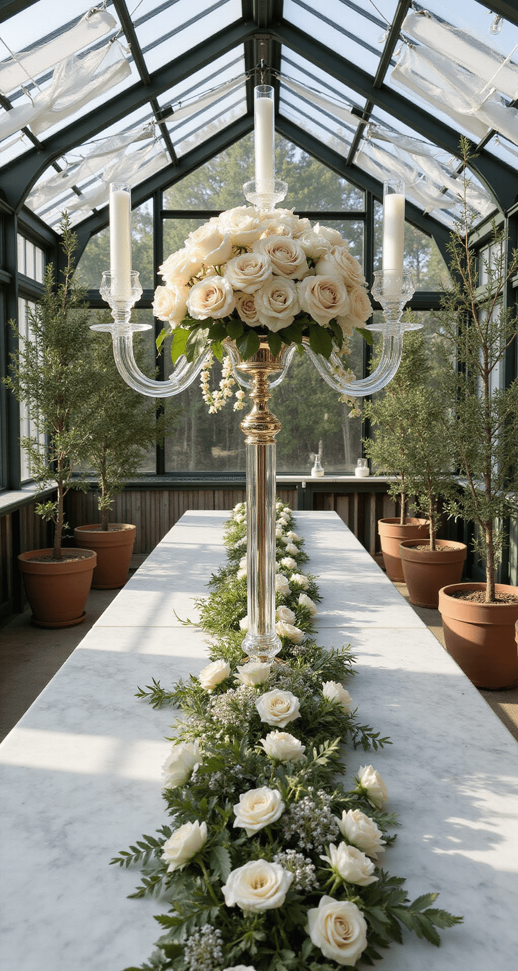 An elegant greenhouse filled with layers of neutral blooms, featuring crystal candelabras with ivory roses and ranunculus, potted olive trees, and marble tables adorned with fresh runner-style arrangements, all beautifully lit by afternoon sunlight filtering through the glass ceiling.