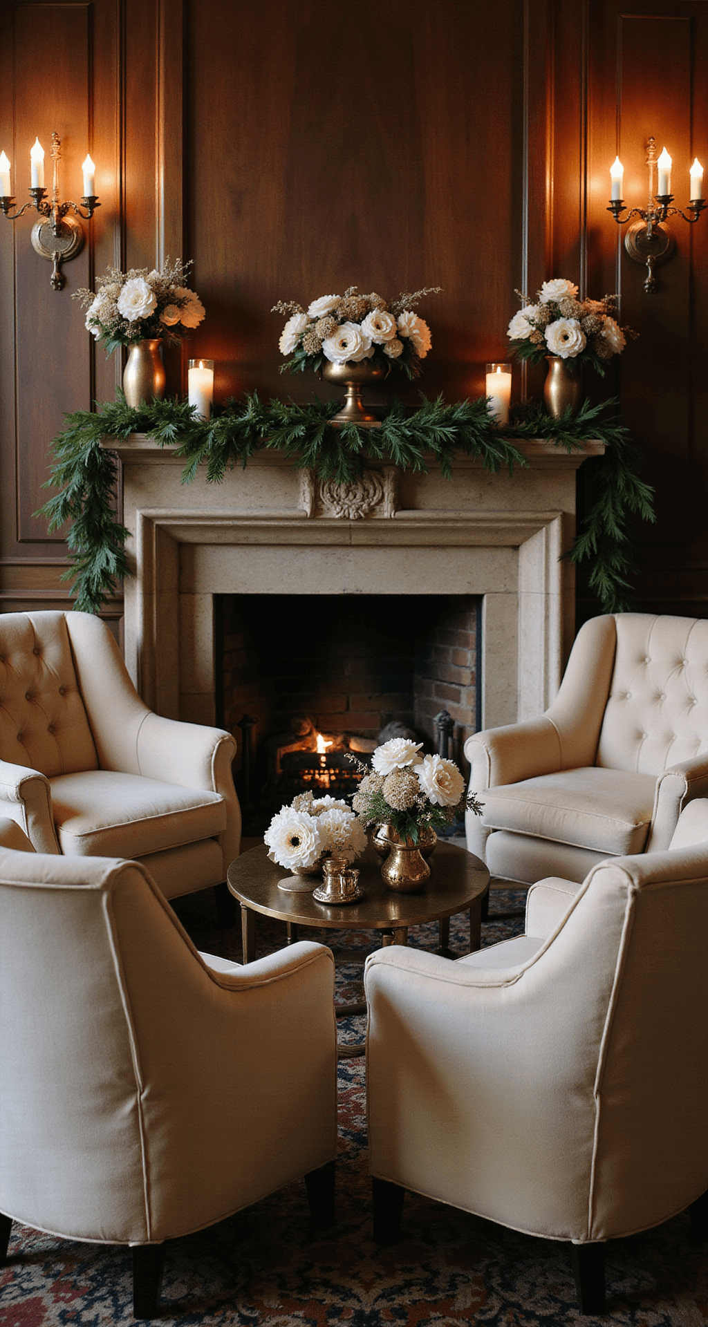 A cozy winter celebration in a historic mansion library, featuring cream velvet lounge furniture around a grand fireplace, textured floral arrangements with white anemones in vintage brass vessels, warm candlelight on wood-paneled walls, and fresh garlands on the mantel, captured in moody evening light.