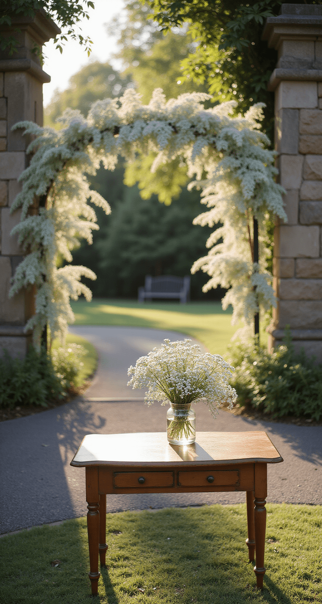Intimate garden ceremony with a delicate arch of cascading white baby's breath against stone walls, bathed in golden hour sunlight; a vintage wooden signing table features a petite baby’s breath arrangement in a clear glass vase, capturing a natural and airy atmosphere.