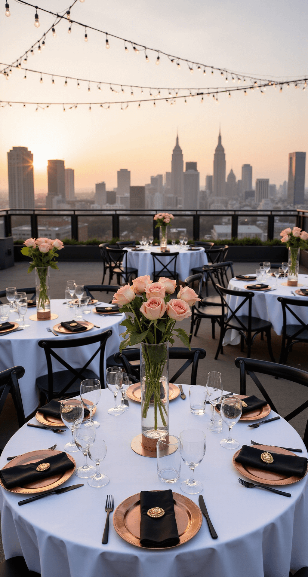 Modern rooftop venue at sunset featuring round tables with minimalist single-stem rose centerpieces in tall crystal vases, dressed in crisp white linens, complemented by copper chargers and matte black flatware, with string lights overhead and a city skyline backdrop.