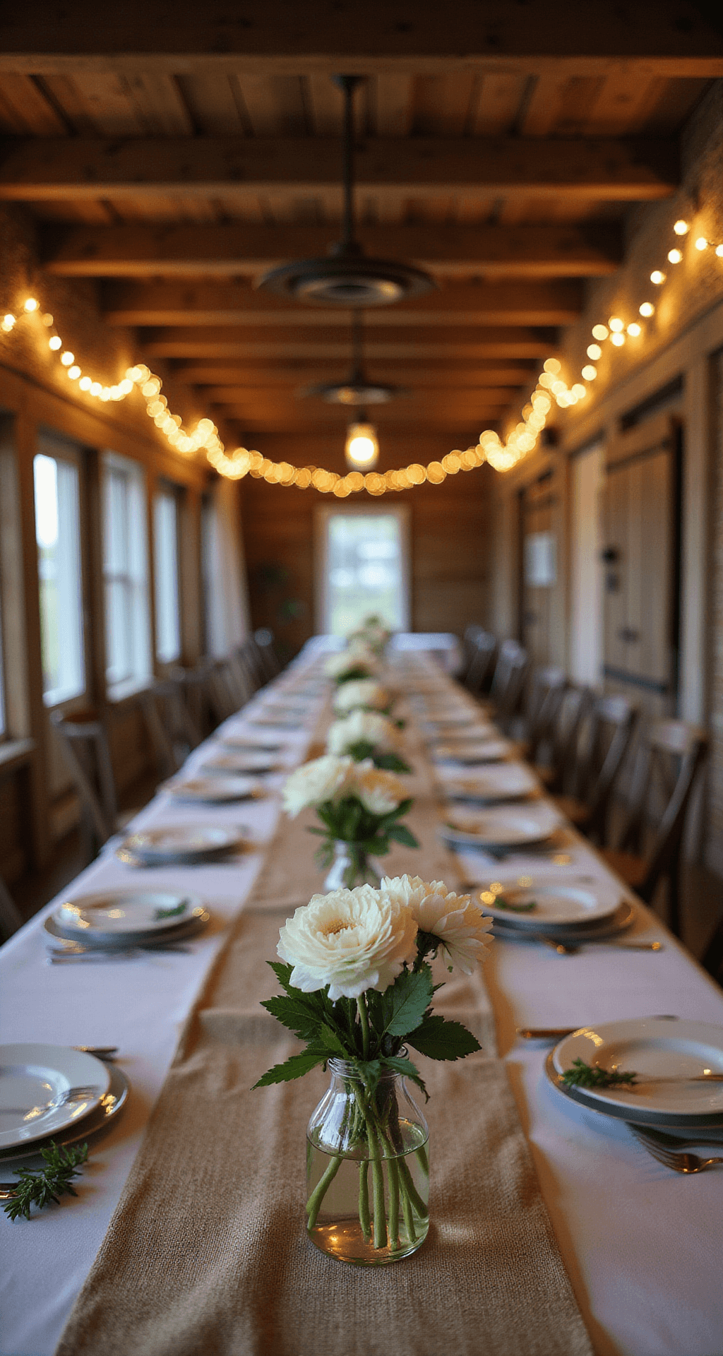 A cozy rustic barn reception with long farmhouse tables decorated with bud vases of white ranunculus flowers, natural linen runners, and fresh herb sprigs, illuminated by fairy lights draped from exposed wooden beams during the blue hour.