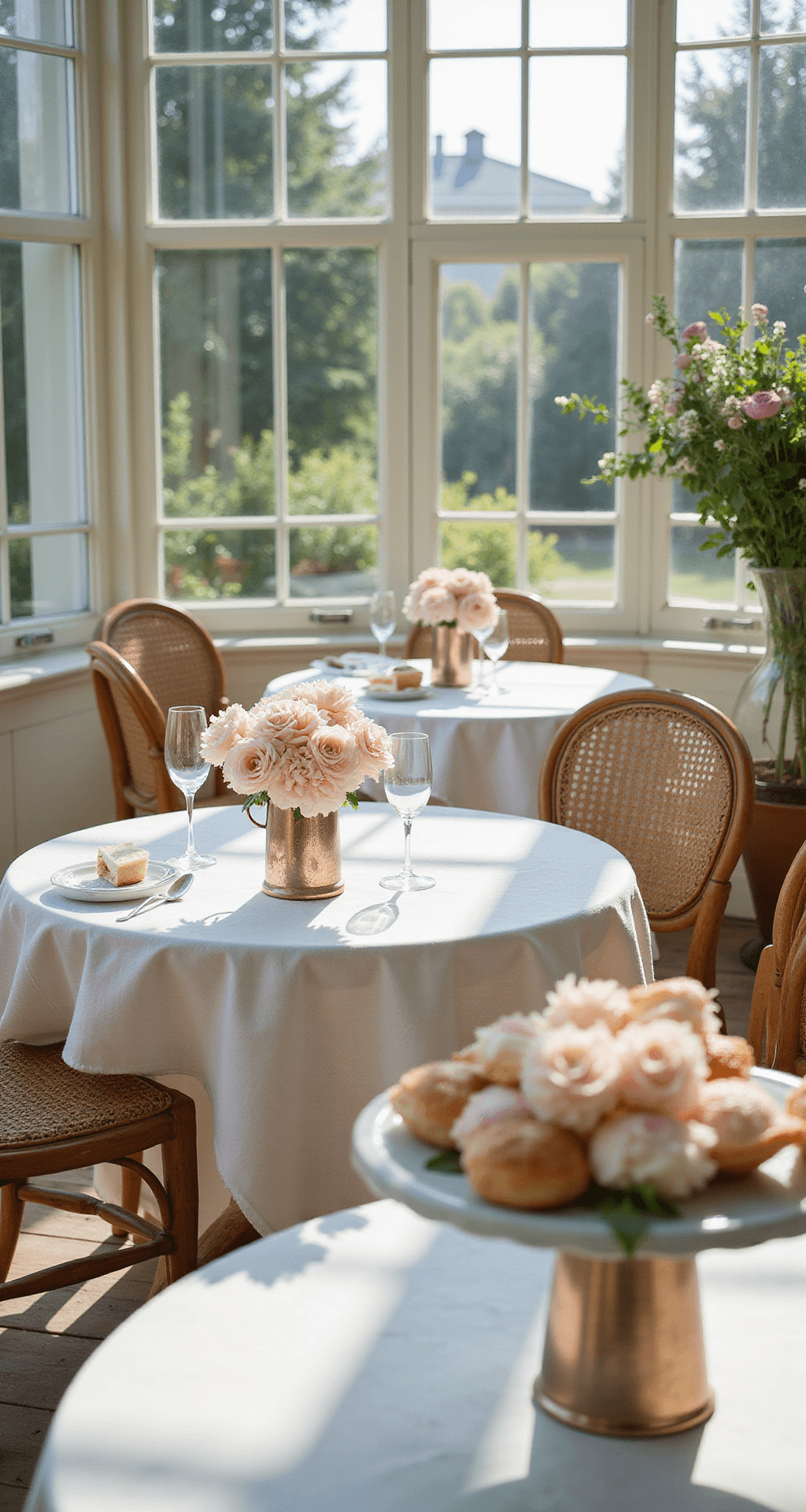 A light-filled conservatory brunch setup with bistro tables adorned with petite arrangements of pale pink carnations in mercury glass vessels, rattan chairs, and champagne flutes, all bathed in morning light. A marble cake stand displays an array of fresh pastries, captured from a 45-degree angle to emphasize spatial flow and natural lighting, exuding fresh and feminine styling with soft pastels.