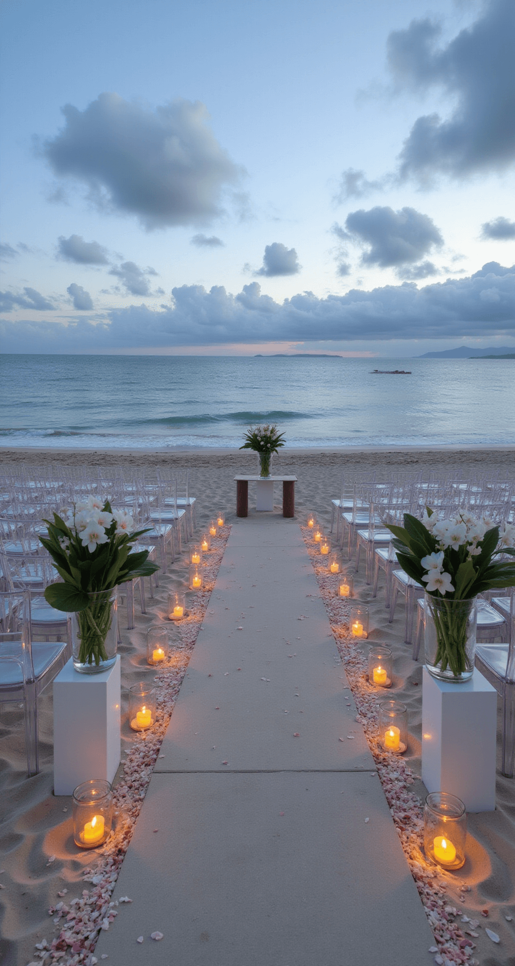 Coastal ceremony space at twilight featuring clear ghost chairs overlooking the ocean, a simple altar of tropical monstera leaves and white orchids in modern vessels, a sand pathway lined with hurricane lanterns and scattered petals, all against a dramatic sky and sea backdrop.
