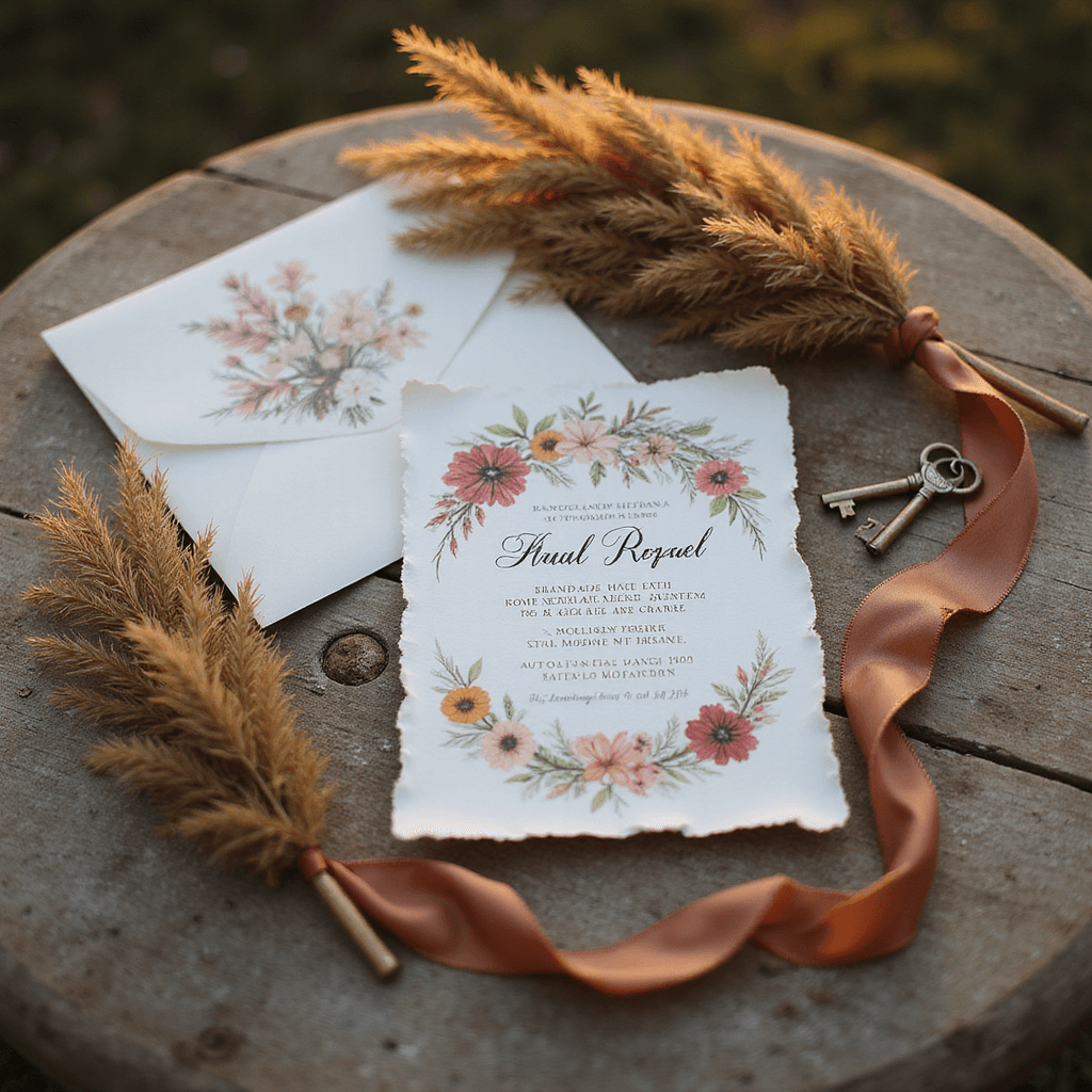 Ultimate Guide to Luxury Wedding Invitations: Making Your First Impression Unforgettable Bohemian luxury invitations on weathered wood featuring torn-edge handmade paper, pressed flowers, copper foil, dried pampas grass, vintage keys, and earth-toned silk ribbons with golden hour backlighting.