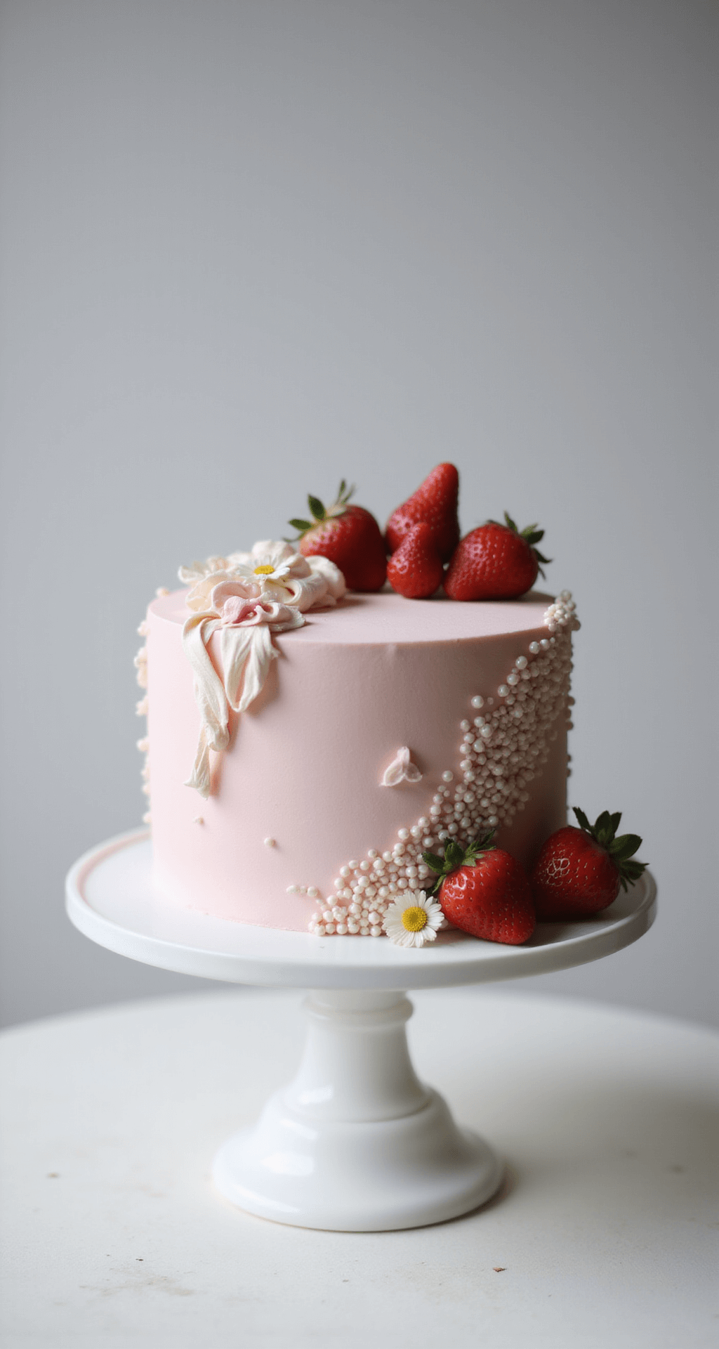 A beautifully decorated Korean-style cake with smooth pastel pink buttercream, pearl white piped ribbon details, fresh strawberries, and delicate pressed flowers, displayed on a white turntable against a soft-focus backdrop.