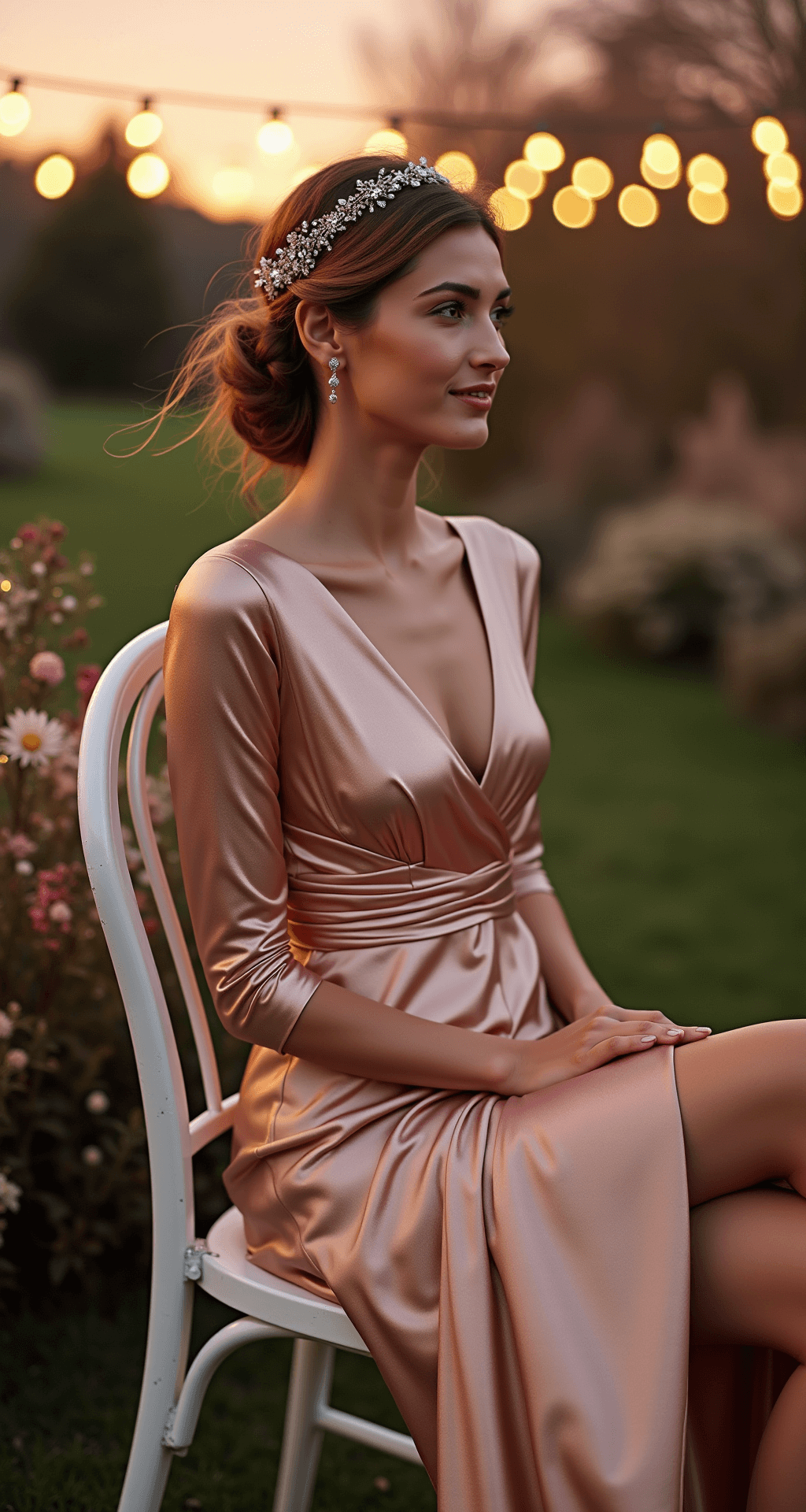 Winter Wedding Guest Fashion: Your Ultimate Guide to Looking Fabulous (While Staying Cozy!) A model in a long-sleeve rose gold metallic wrap dress sits gracefully on an elegant white chair in an intimate garden wedding venue at sunset, with string lights overhead and trailing winter florals around. Nude thermal tights are visible, and a crystal-embellished hairpiece reflects the warm glow of the magic hour.