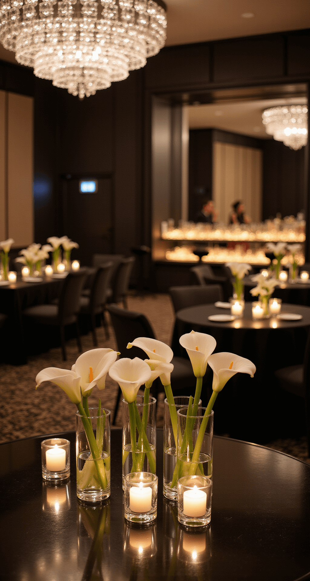 Indoor ballroom cocktail hour showcasing high tables with floating candles and single white calla lilies in sleek glass vases, complemented by elegant crystal chandeliers and uplighting, all reflecting off a mirrored bar backdrop for a sophisticated monochromatic ambiance.