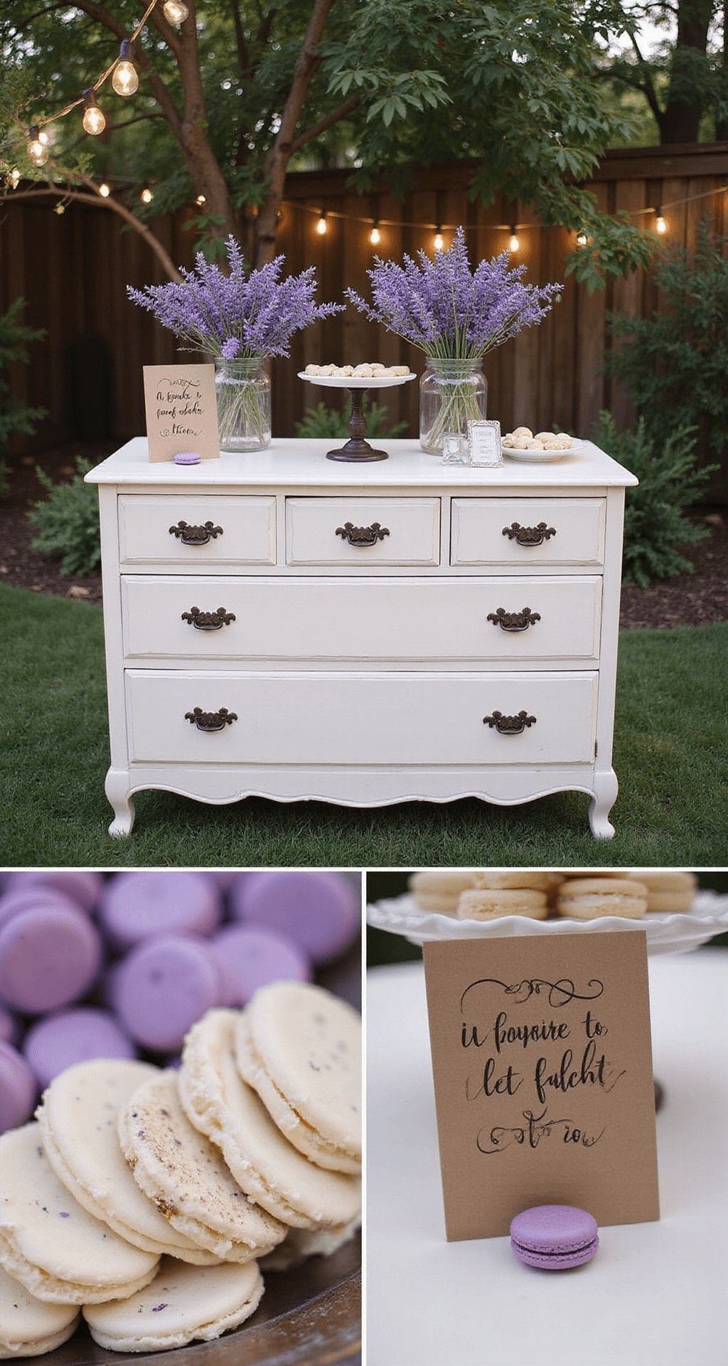 A beautifully styled outdoor dessert station featuring a vintage dresser adorned with clustered bud vases of fresh lavender, handwritten kraft paper signage, and violet macarons, all under romantic market lights creating an intimate ambiance. The casual elegance is highlighted by a purple and cream color palette.