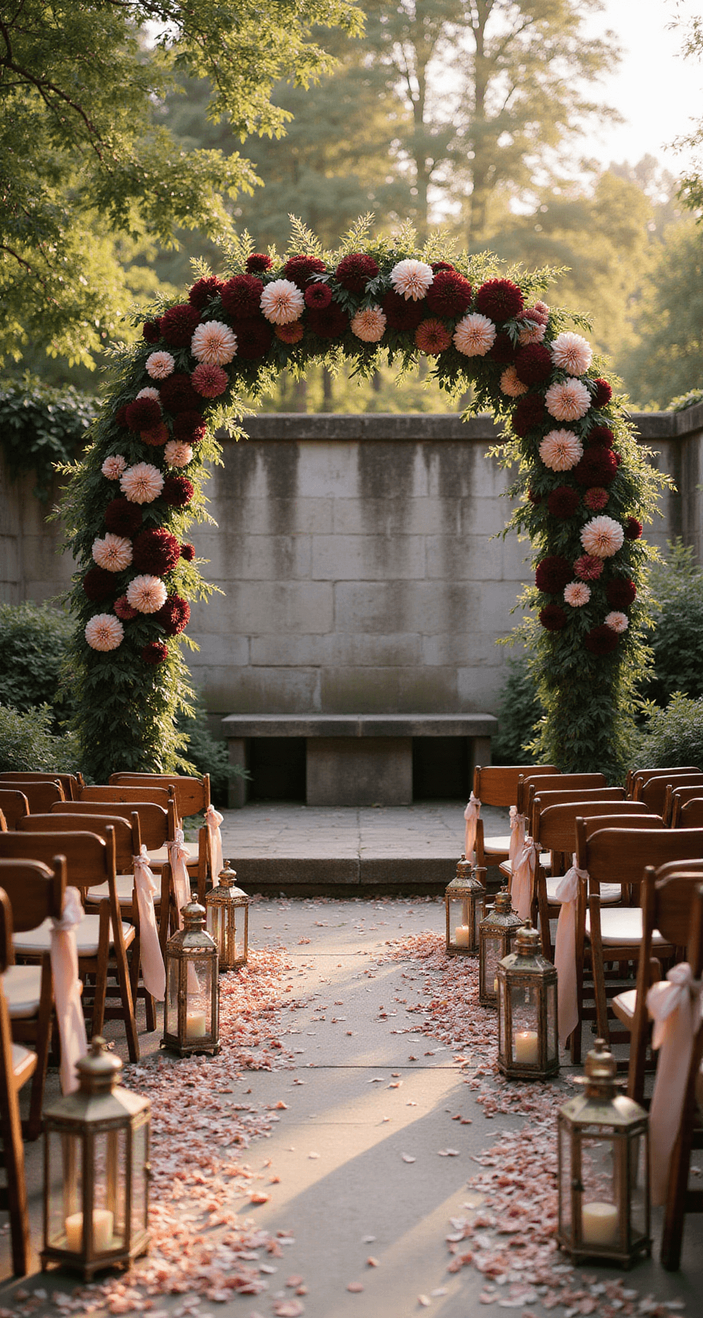 A romantic garden ceremony setup during golden hour, featuring dramatic floral arches of deep burgundy and blush dahlias, lined with vintage brass lanterns along an organic petal-strewn aisle, against a weathered stone wall backdrop, with antique wooden chairs adorned with silk ribbons.