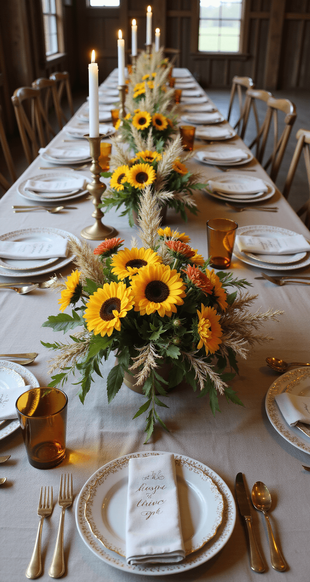 An overhead view of a rustic barn reception table adorned with a runner of wildflowers, vintage brass candlesticks with taper candles, and elegant place settings featuring hand-calligraphed cards, matte gold flatware, and amber glass goblets, all illuminated by soft evening light.