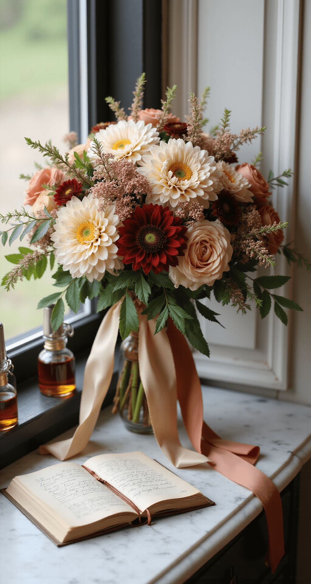 A close-up of an elegant bridal bouquet with café au lait dahlias and garden roses, accented by champagne and terra cotta silk ribbons, displayed on a marble-topped vintage dresser next to antique perfume bottles and a handwritten vow book, illuminated by soft natural light.