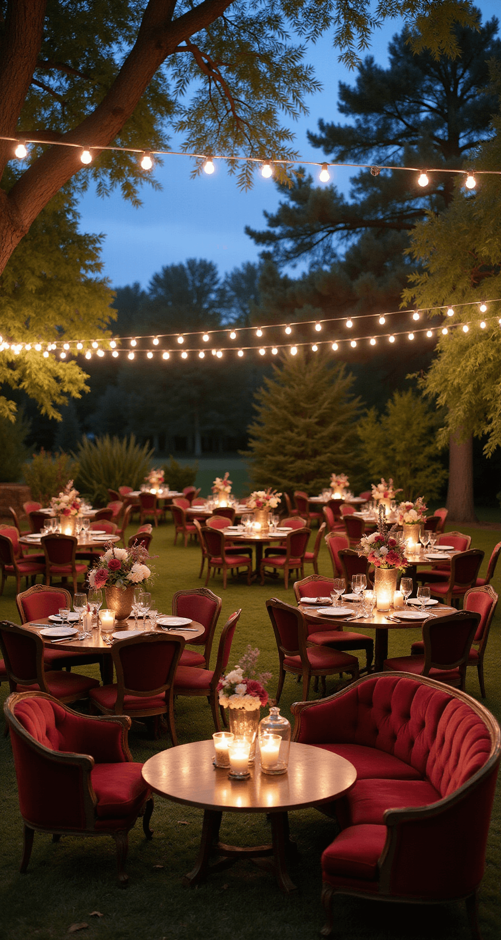 A wide-angle view of a twilight garden reception, featuring tables adorned with burgundy and cream floral centerpieces in mercury glass, bistro lights strung between trees, vintage velvet lounge furniture, and glowing hurricane lanterns.