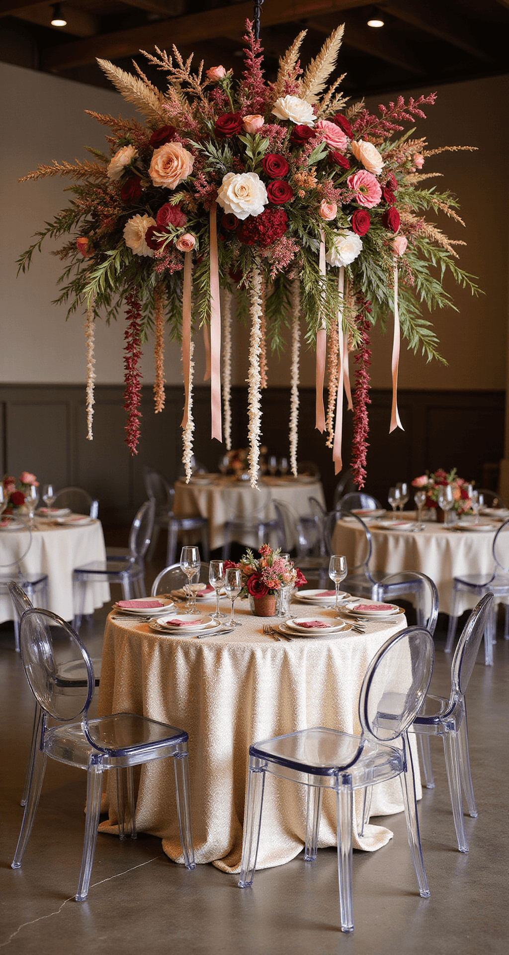 An intimate sweetheart table adorned with an asymmetrical floral installation in jewel tones and dried elements, featuring ghost chairs and champagne sequin linen, captured from a 45-degree angle with softly blurred guest tables in the background.
